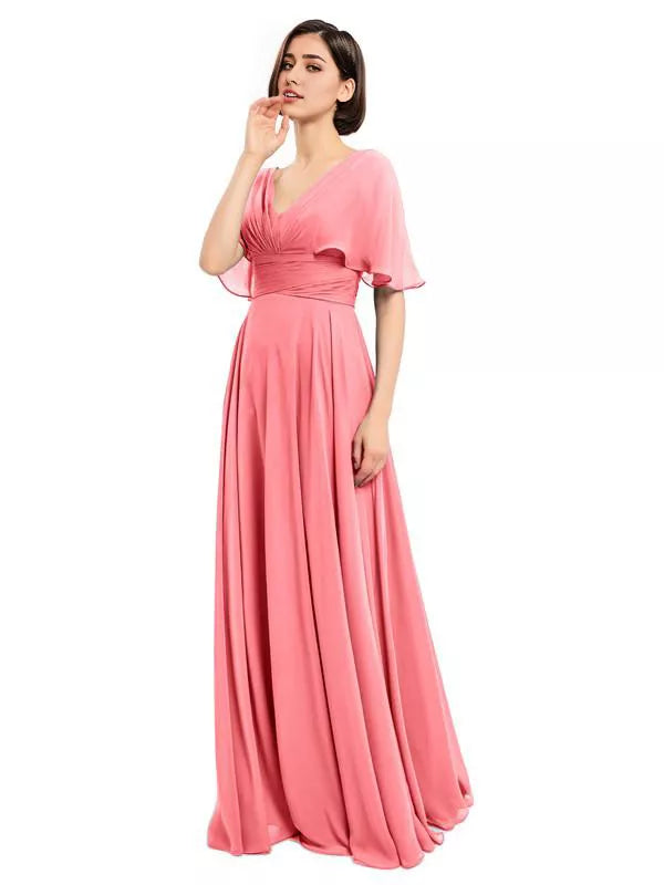 Elegantes vestidos largos de dama de honor de gasa con escote en V y mangas cortas