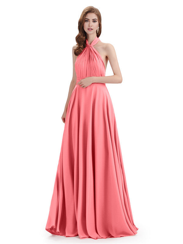 Simple A-Line High Neck Halter Sleeveless Pleats Chiffon Floor Length Bridesmaid Dresses
