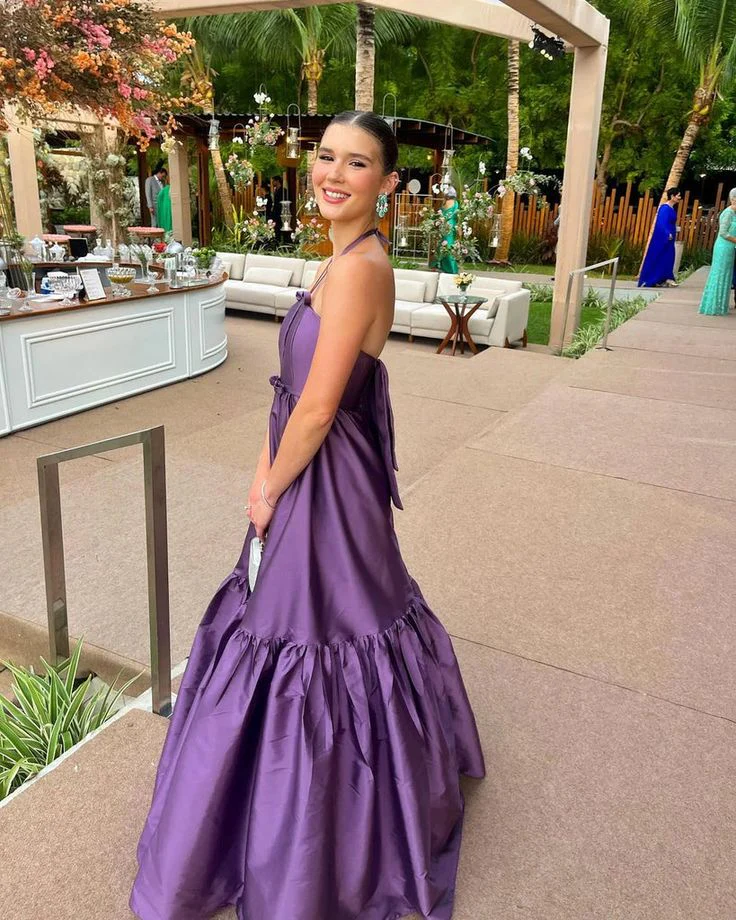 Whimsical A-Line Halter-Neck Keyhole Cutout Back-Bow Tiered Floor-Length Evening Dress