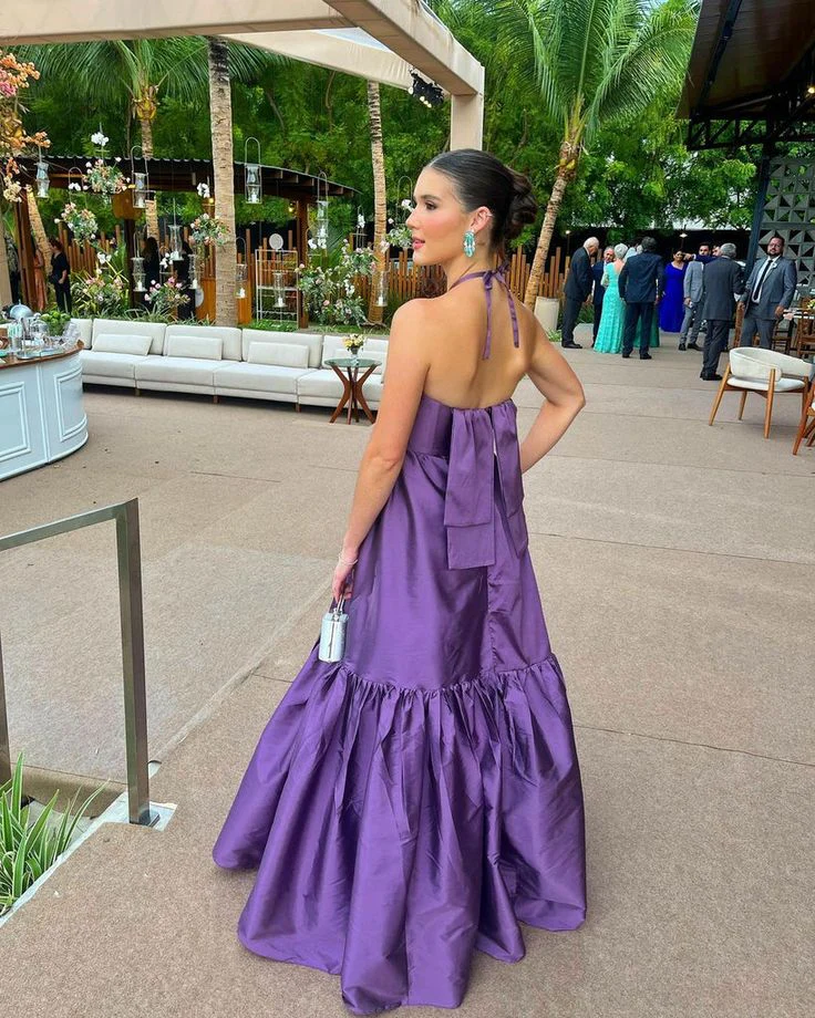 Whimsical A-Line Halter-Neck Keyhole Cutout Back-Bow Tiered Floor-Length Evening Dress