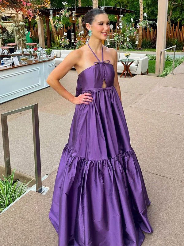 Whimsical A-Line Halter-Neck Keyhole Cutout Back-Bow Tiered Floor-Length Evening Dress