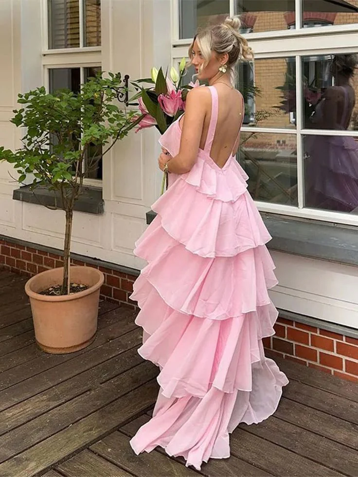 Whimsical A Line Halter Neck Sleeveless Open Back Tiered Floor Length Evening Dresses