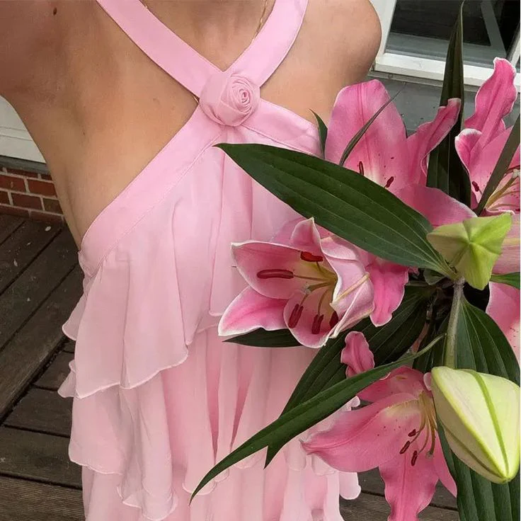Whimsical A Line Halter Neck Sleeveless Open Back Tiered Floor Length Evening Dresses
