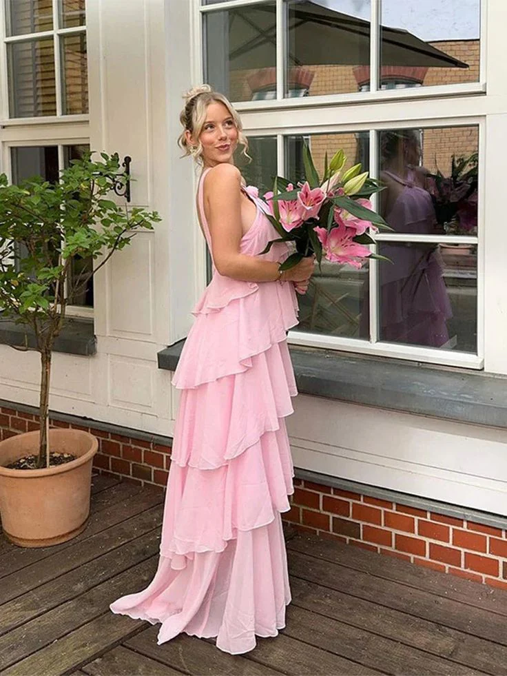 Whimsical A Line Halter Neck Sleeveless Open Back Tiered Floor Length Evening Dresses