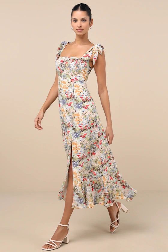 Whimsical Floral Print Chiffon Midi Square Neck Tie Strap Sleeveless Smocked Back Prom Dresses