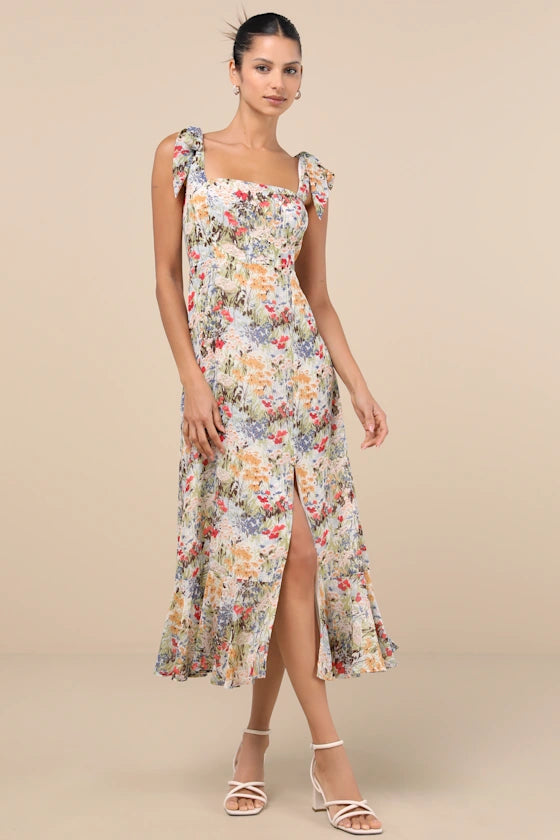 Whimsical Floral Print Chiffon Midi Square Neck Tie Strap Sleeveless Smocked Back Prom Dresses