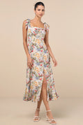 White Floral Print Tie-Shoulder A-Line Midi Dress