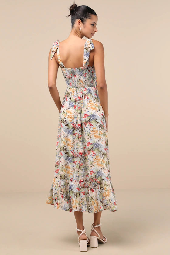Whimsical Floral Print Chiffon Midi Square Neck Tie Strap Sleeveless Smocked Back Prom Dresses