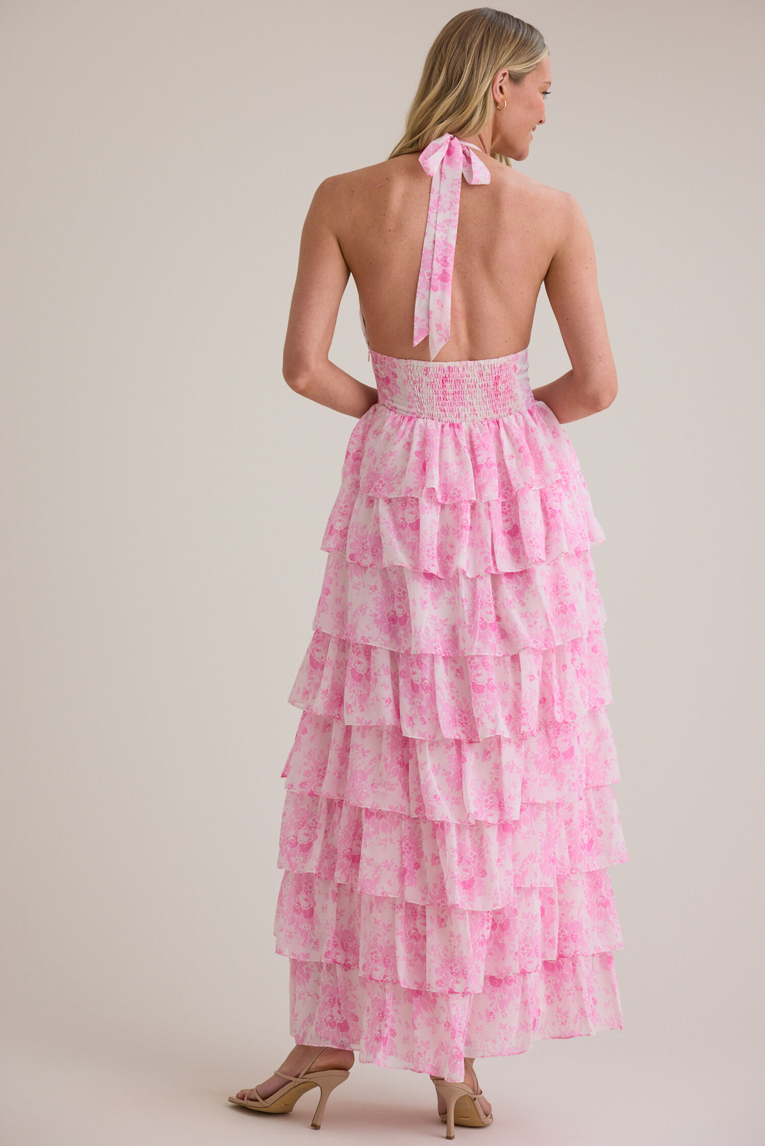 Whimsical Floral Print Halter Plunge Tiered Ruffle Backless Maxi Prom Dresses