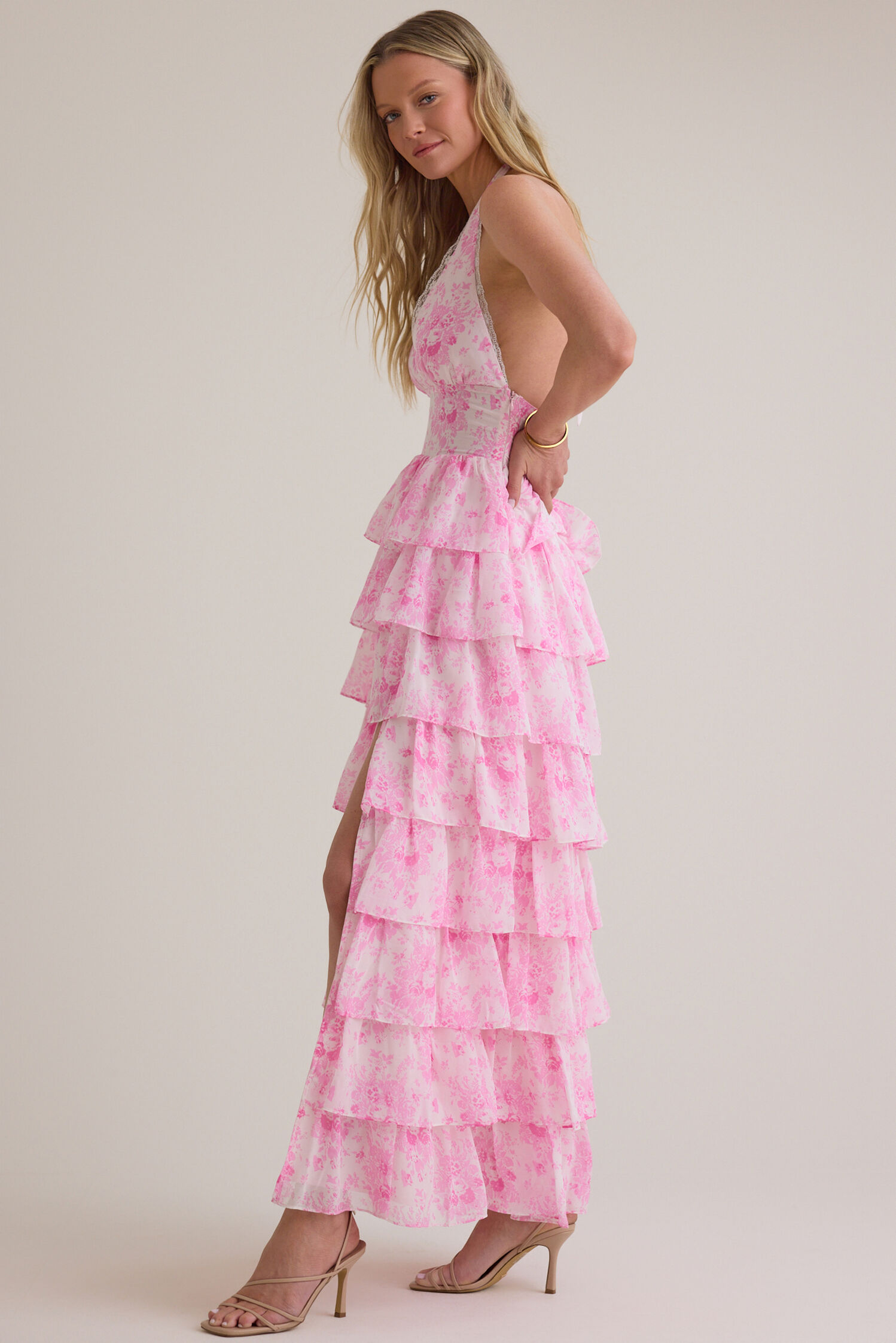 Whimsical Floral Print Halter Plunge Tiered Ruffle Backless Maxi Prom Dresses