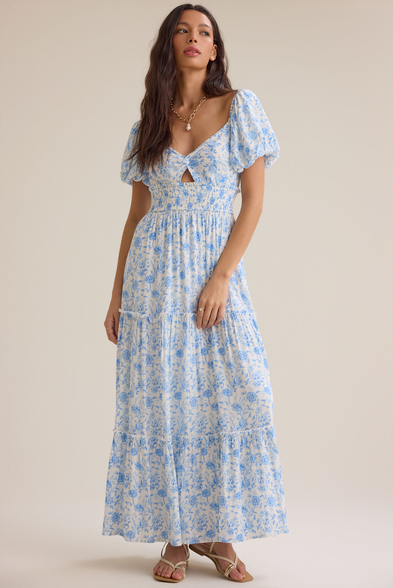 Whimsical Floral Print Puff-Sleeve Sweetheart Keyhole Tiered Maxi Prom Dresses