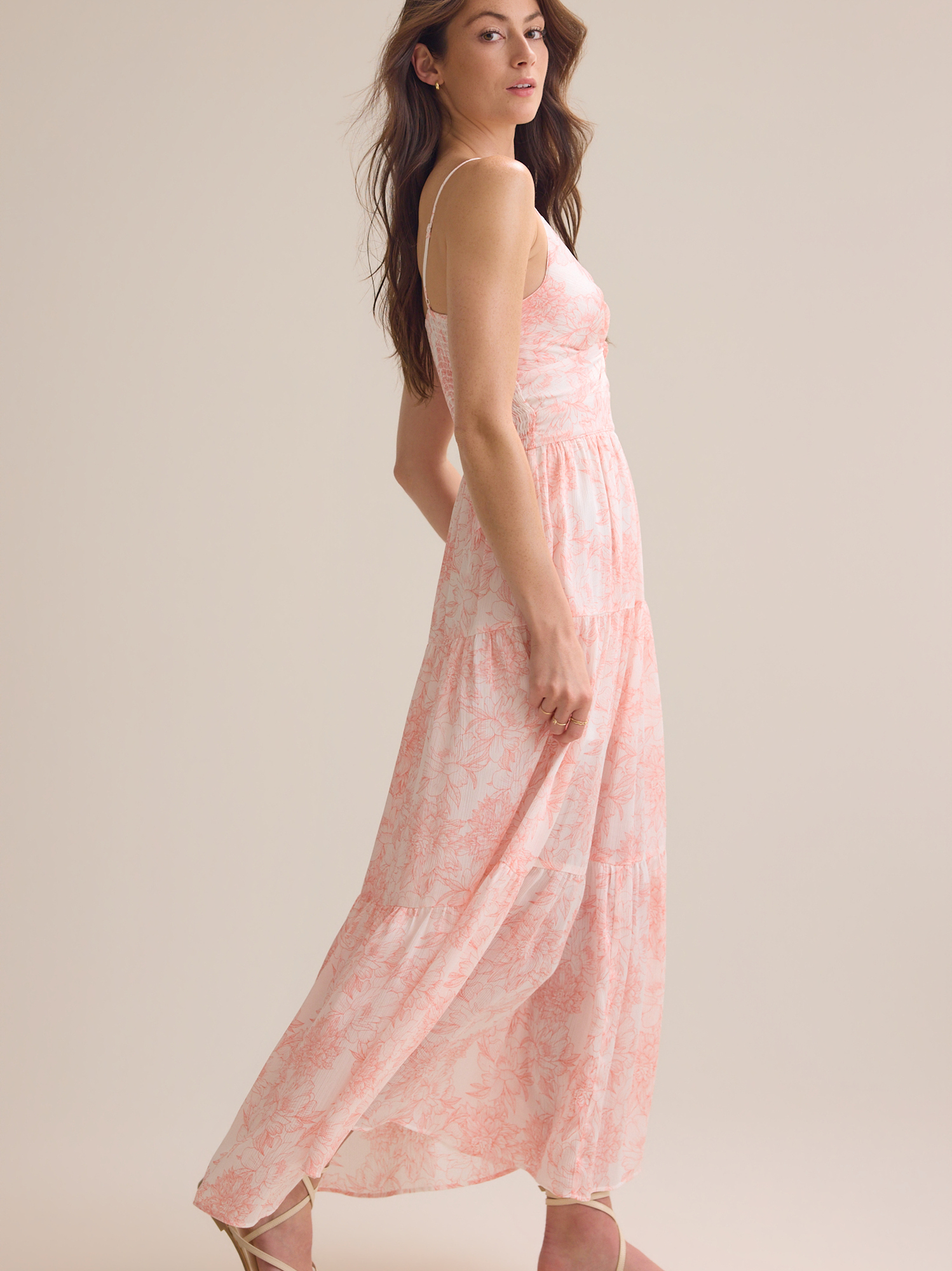 White Floral Print Chiffon A-Line Floor-Length Dress with V-Neck & Twisted Bodice