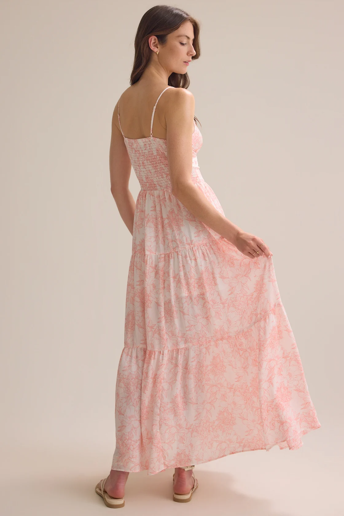 Whimsical Floral Print Spaghetti-Strap Keyhole Tiered Maxi Prom Dresses