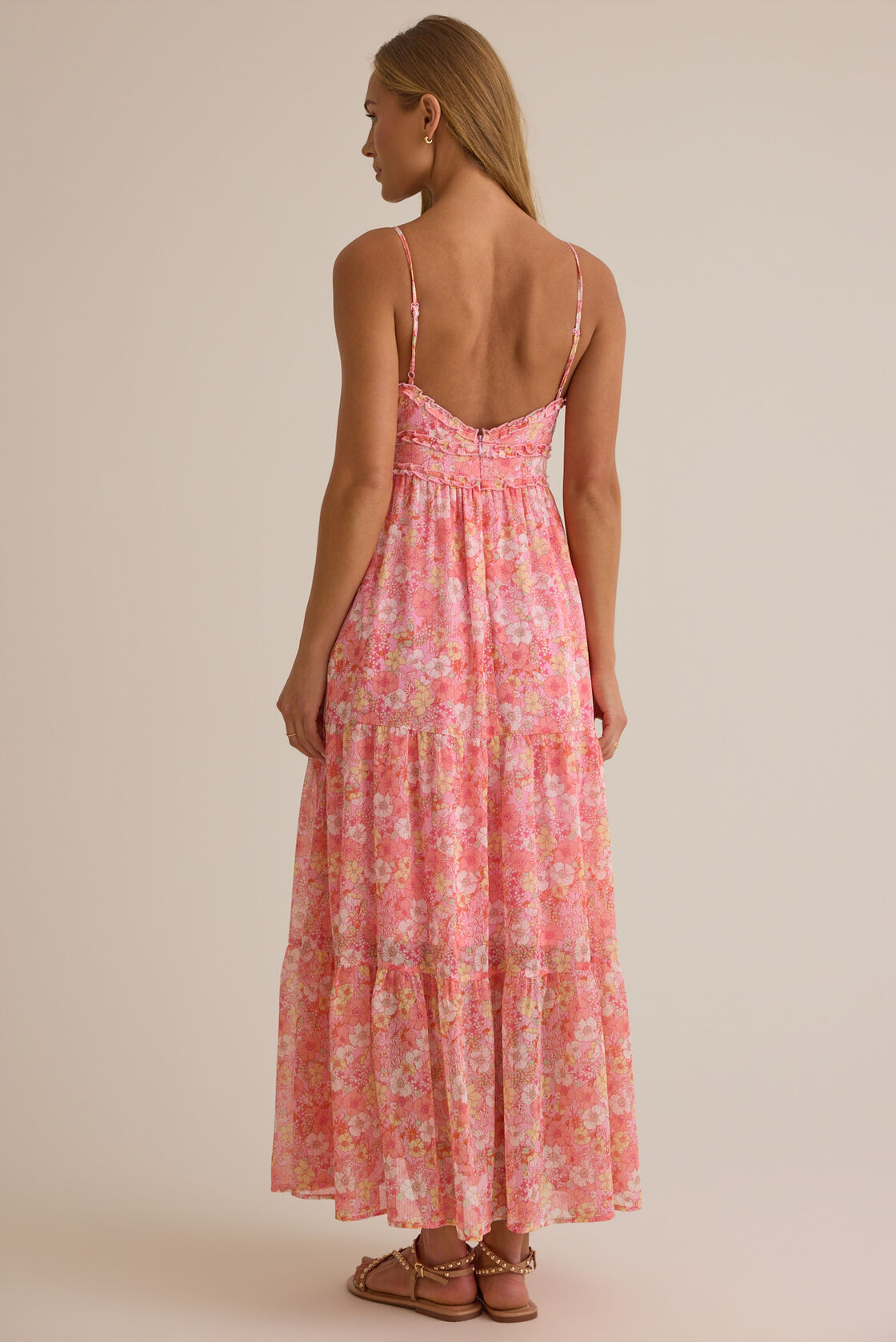 Whimsical Floral Print Spaghetti-Strap Sweetheart Tiered Maxi Prom Dresses