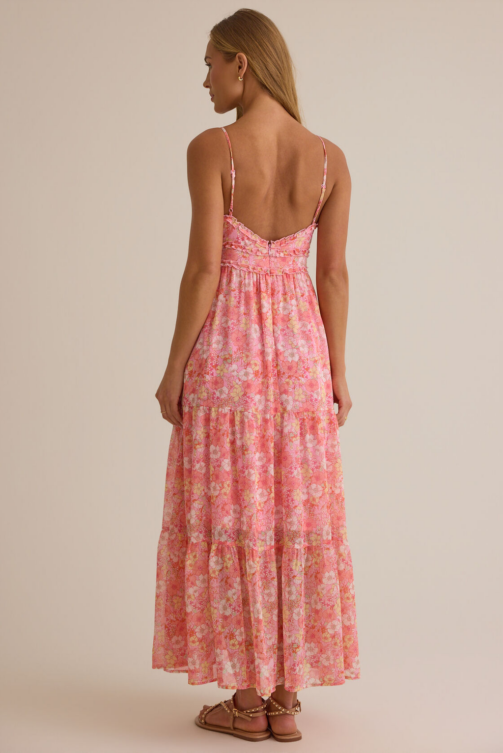 Pink Chiffon A-Line Maxi Dress with Ruffled V-Neck and Tiered Skirt