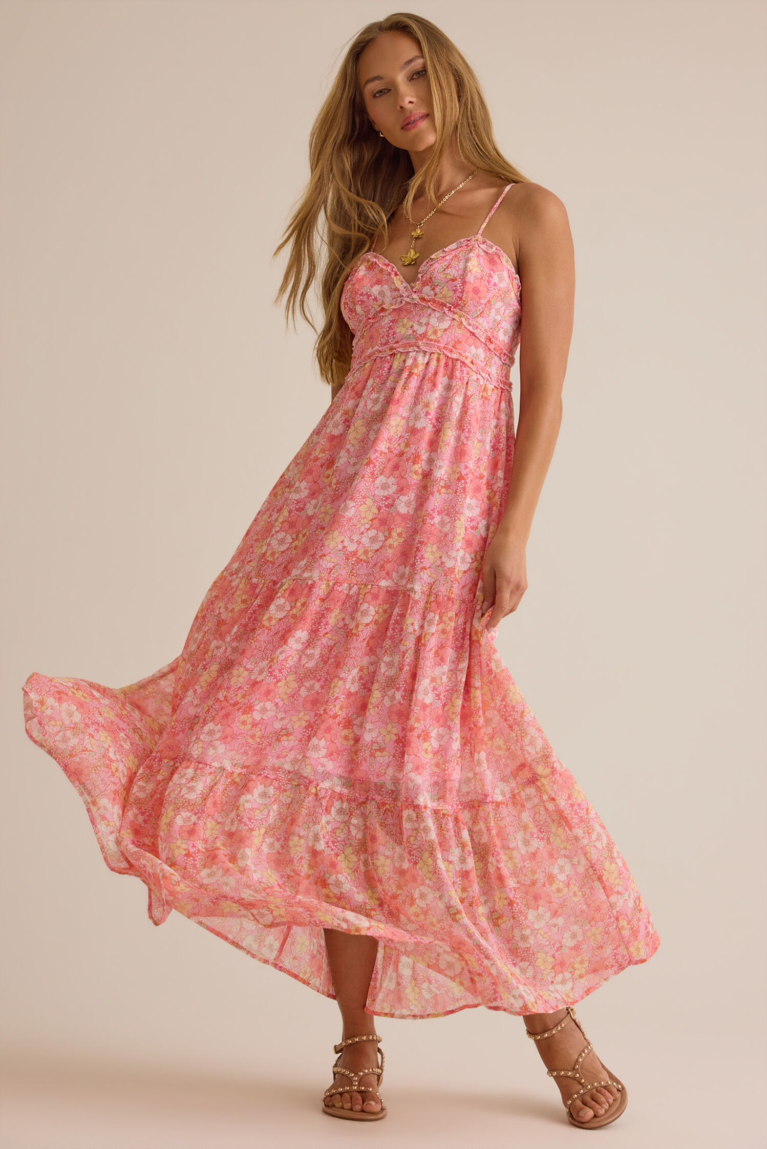 Whimsical Floral Print Spaghetti-Strap Sweetheart Tiered Maxi Prom Dresses