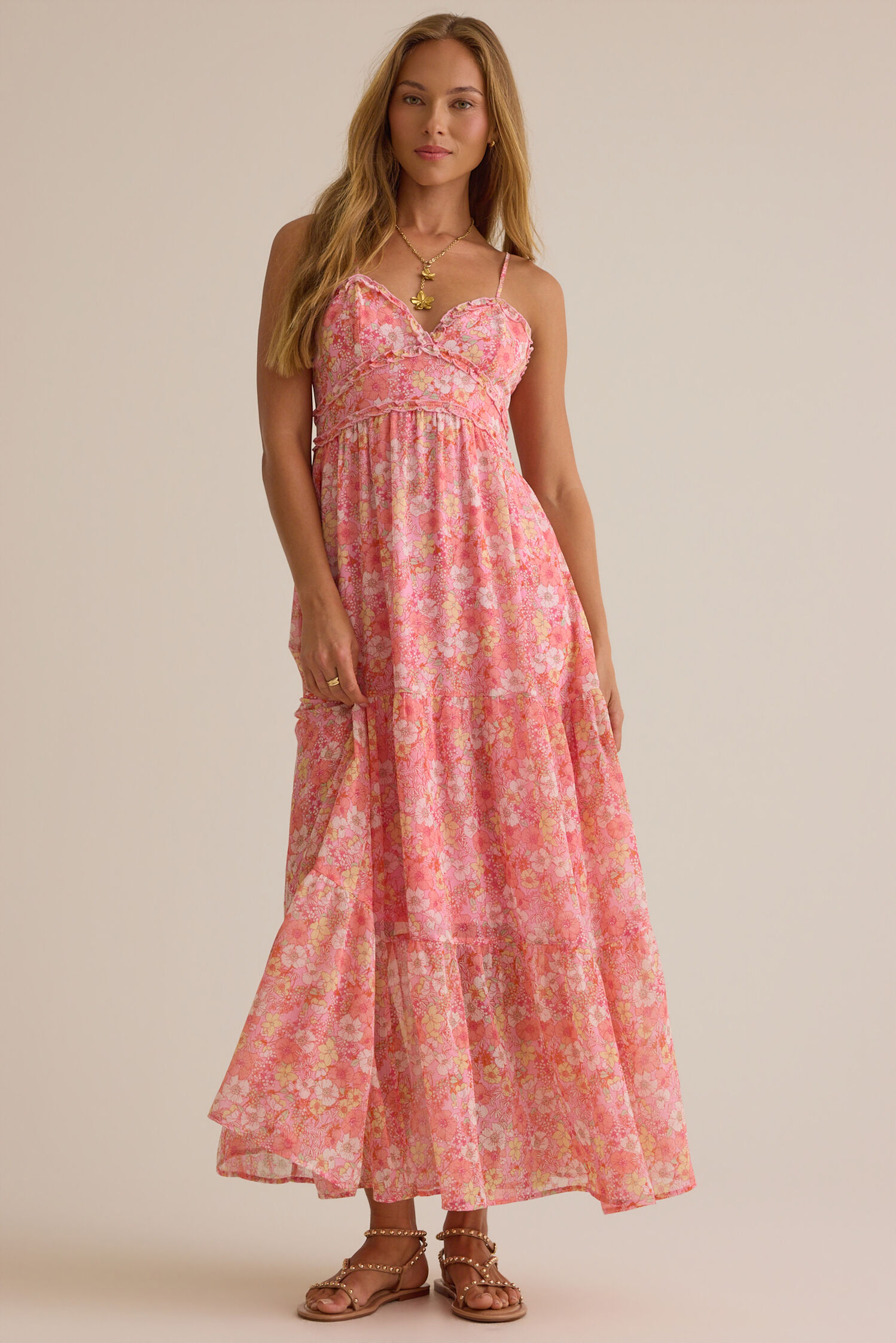 Whimsical Floral Print Spaghetti-Strap Sweetheart Tiered Maxi Prom Dresses