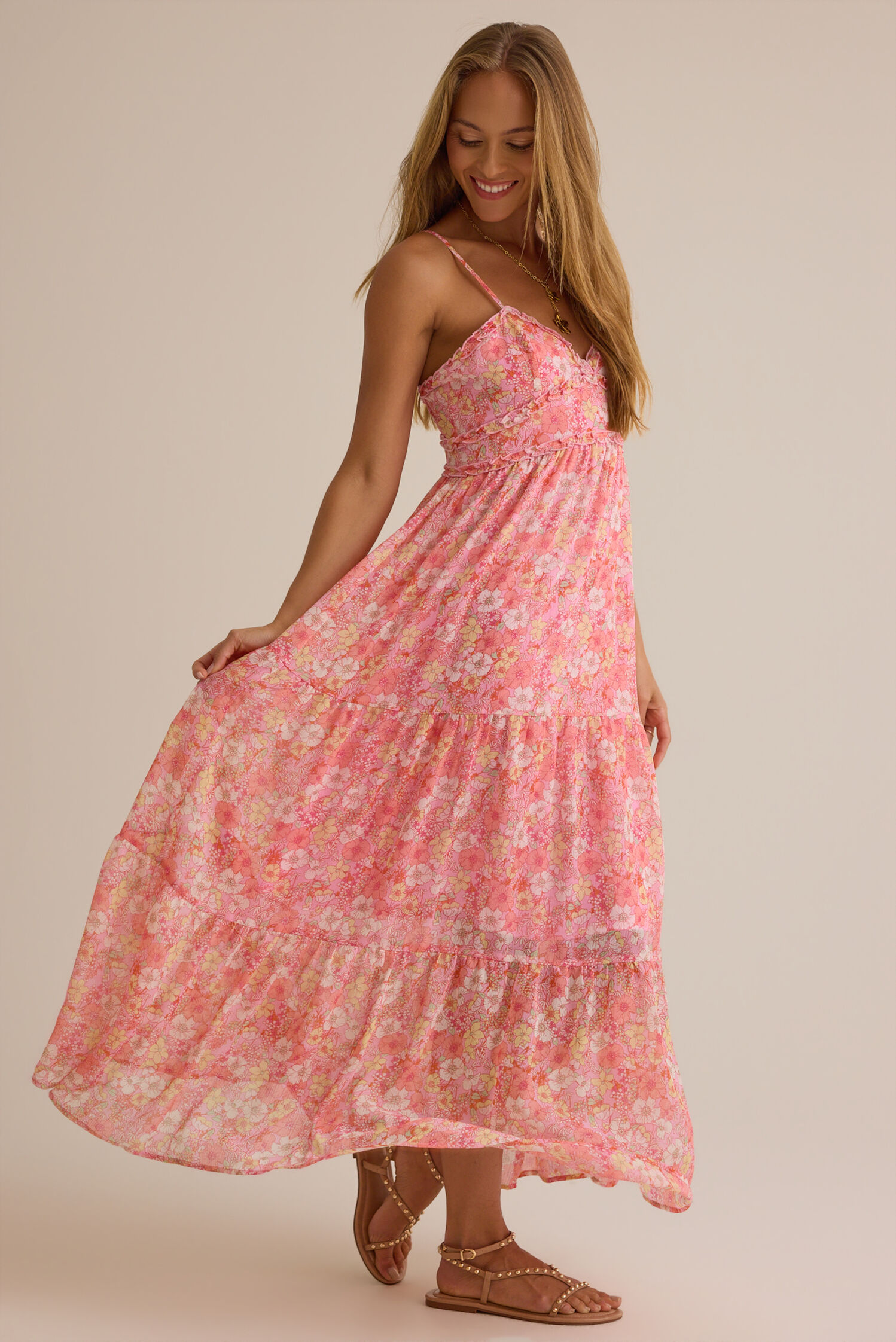 Whimsical Floral Print Spaghetti-Strap Sweetheart Tiered Maxi Prom Dresses