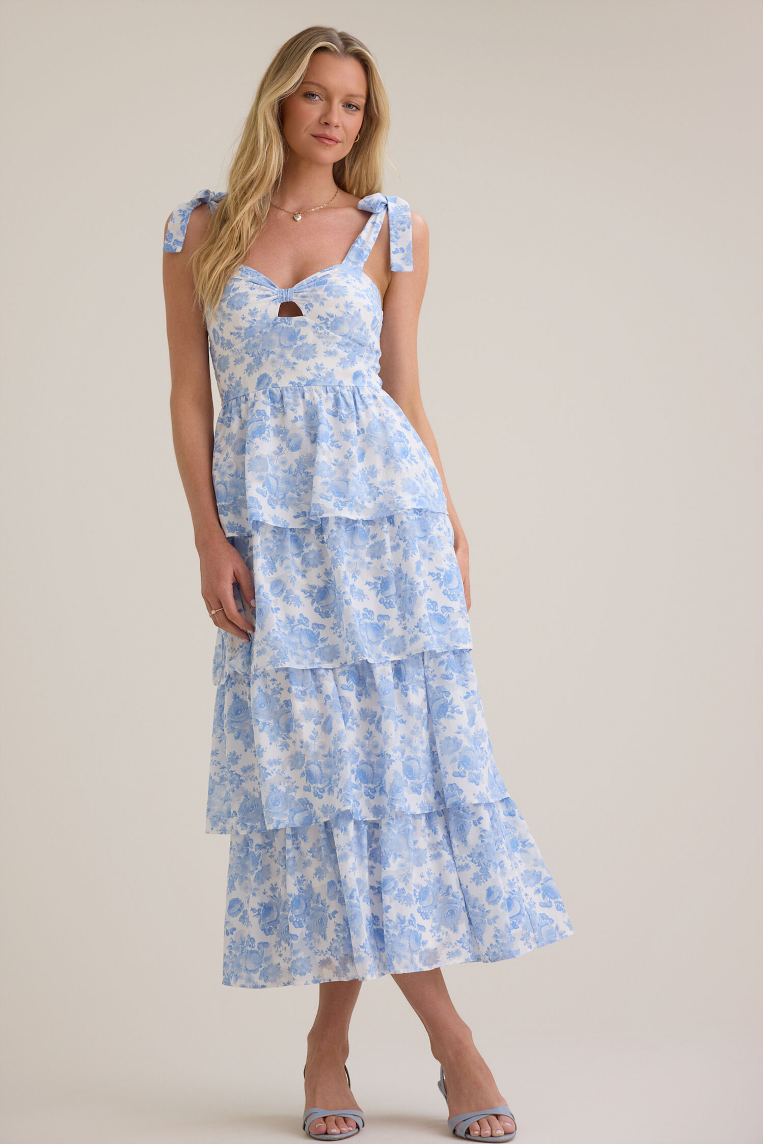 Sky Blue Chiffon A-Line Midi Dress - Sweetheart Keyhole & Tiered Skirt