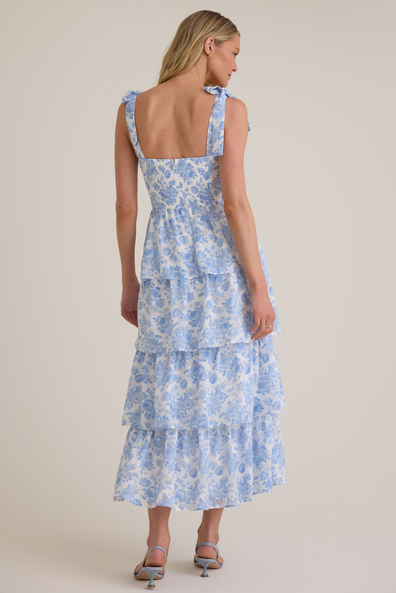 Whimsical Floral Print Tie-Shoulder Sweetheart Tiered Midi Prom Dresses
