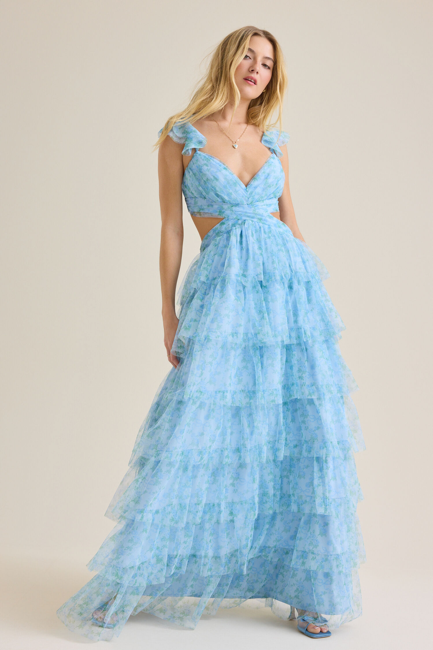 Whimsical Floral Tulle Tiered Ruffle Back-Bow Cutout Prom Dresses