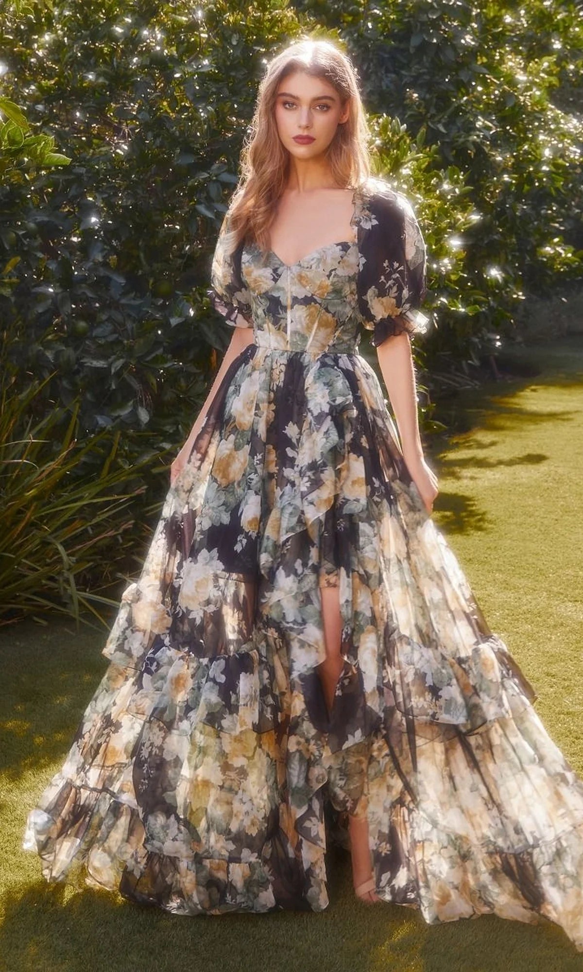 Whimsical Garden Floral A-Line Puff Sleeve Lace-Up Back Tiered Ruffle High-Low Chiffon Prom Dress