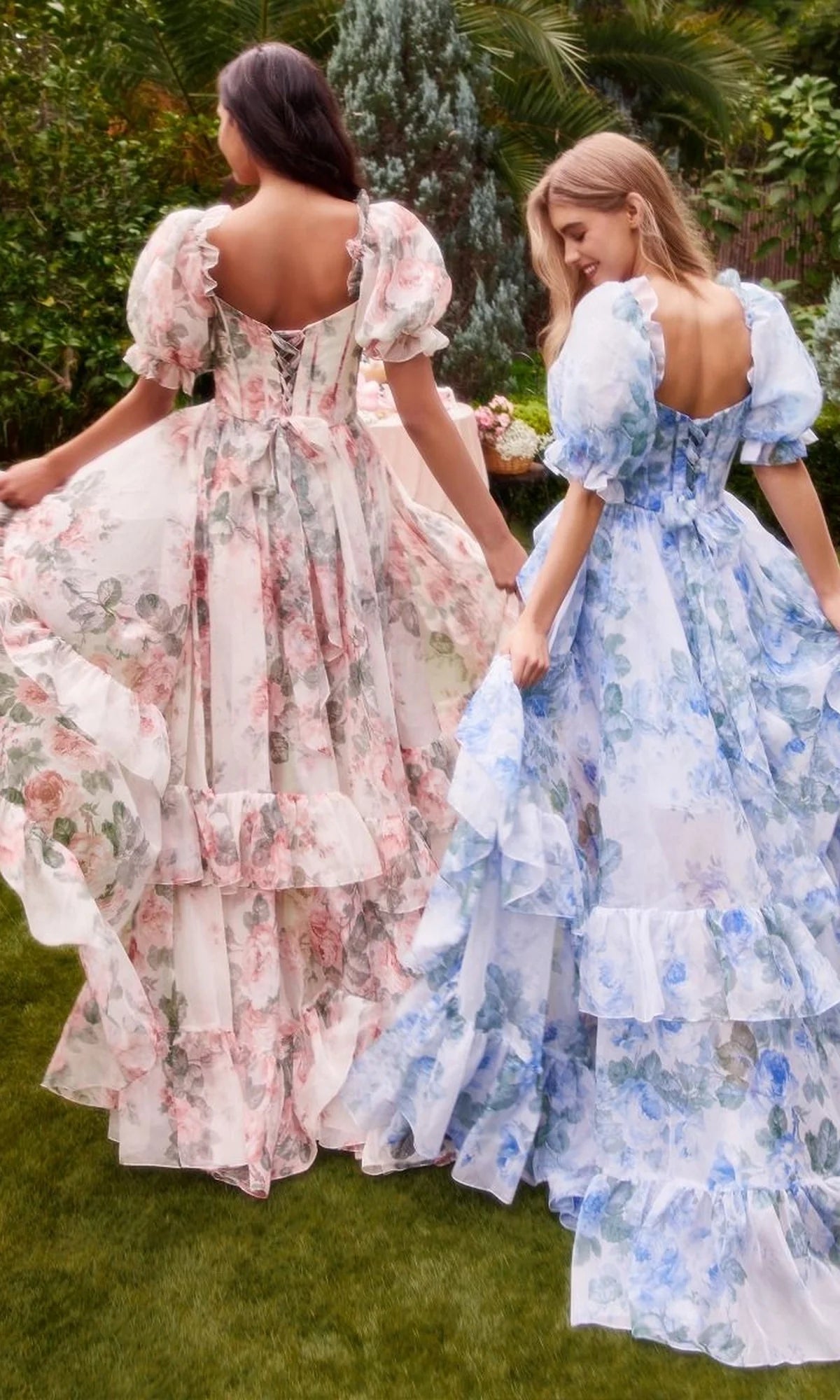 Whimsical Garden Floral A-Line Puff Sleeve Lace-Up Back Tiered Ruffle High-Low Chiffon Prom Dress