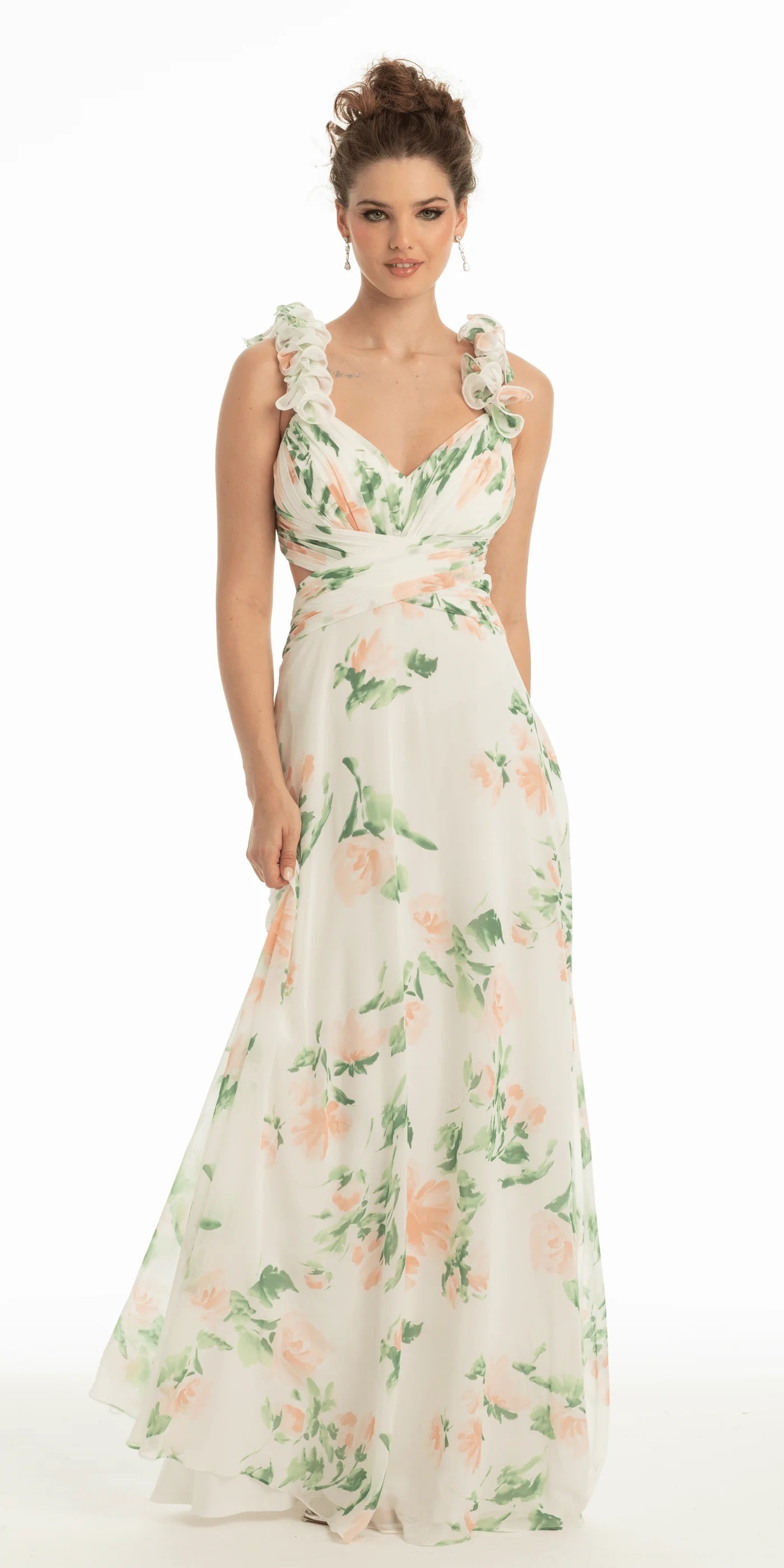 Whimsical Garden Floral A-Line V Neck Ruffle Strap Lace-Up Back Cutout Floor-Length Chiffon Prom Dress