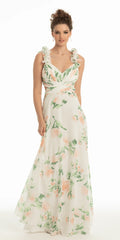 Ivory Floral Chiffon A-Line Floor-Length Bridesmaid Dress with Ruffled Straps