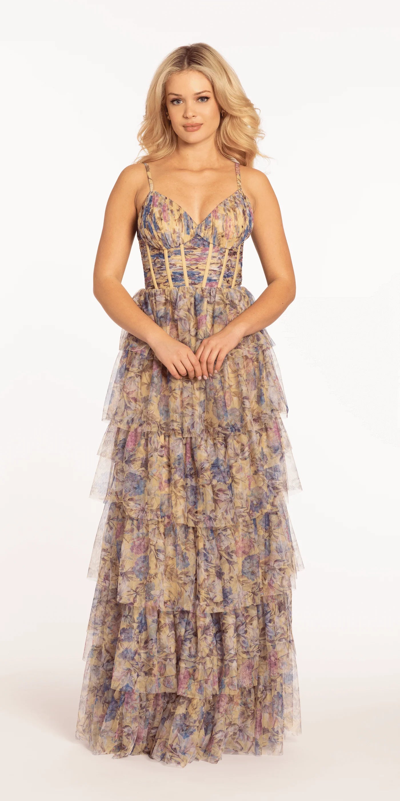 Whimsical Multicolor Floral Print V-Neck Spaghetti Strap Back Zip Tiered Ruffled Tulle Prom Dress
