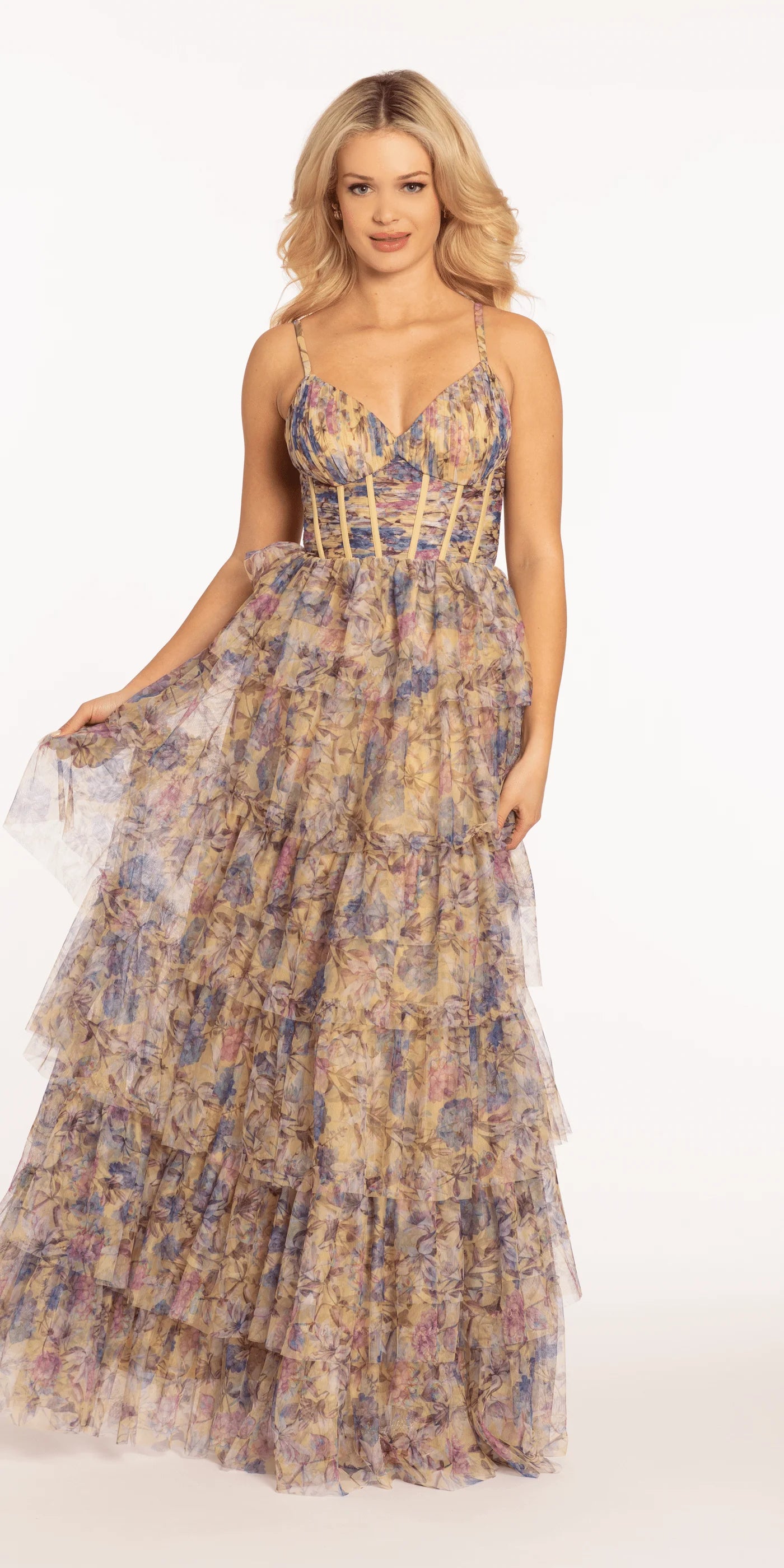 Whimsical Multicolor Floral Print V-Neck Spaghetti Strap Back Zip Tiered Ruffled Tulle Prom Dress