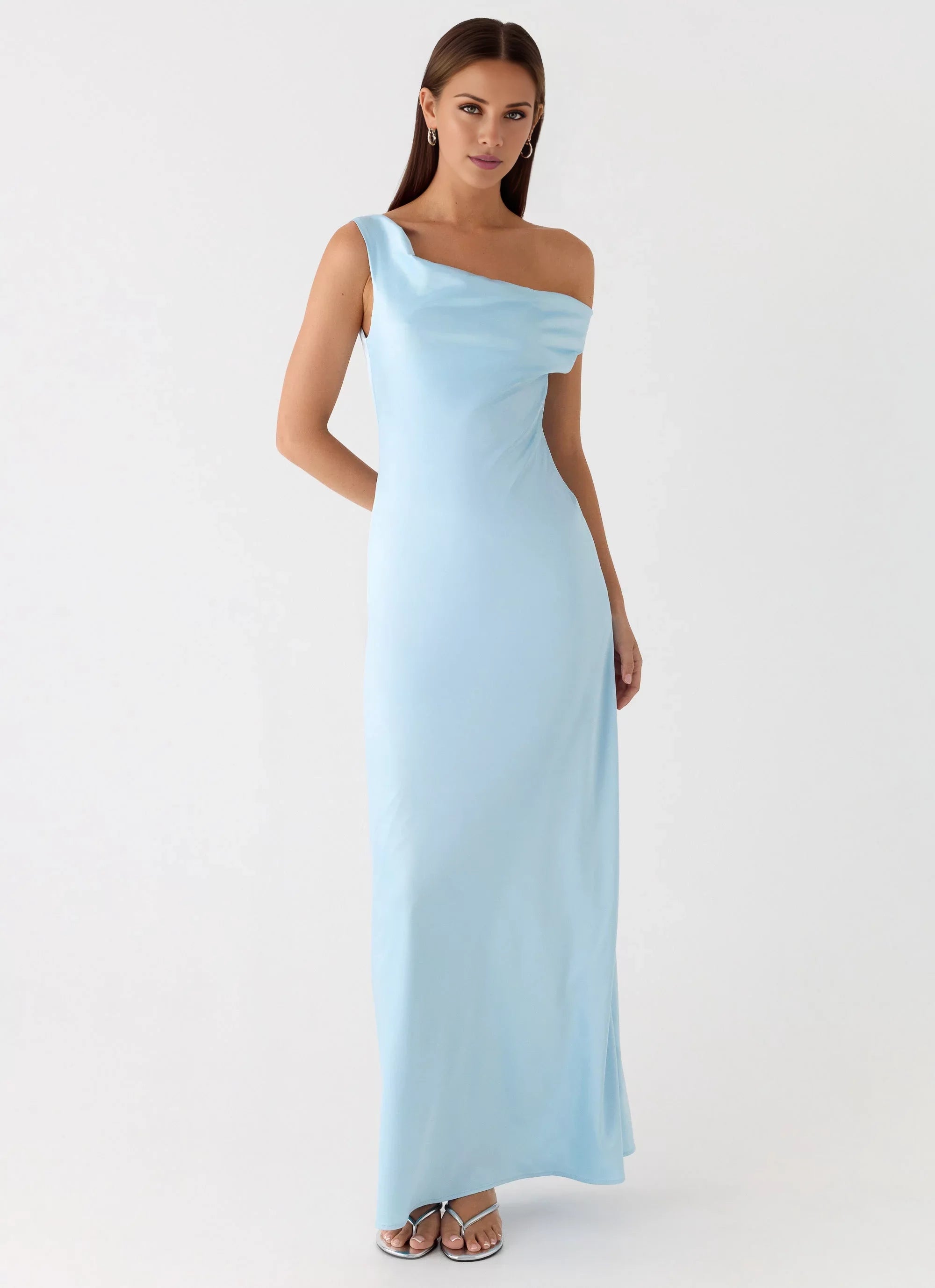 Whimsical One-Shoulder Neck Sleeveless Open-Back Satin Floor-Length Prom Dress