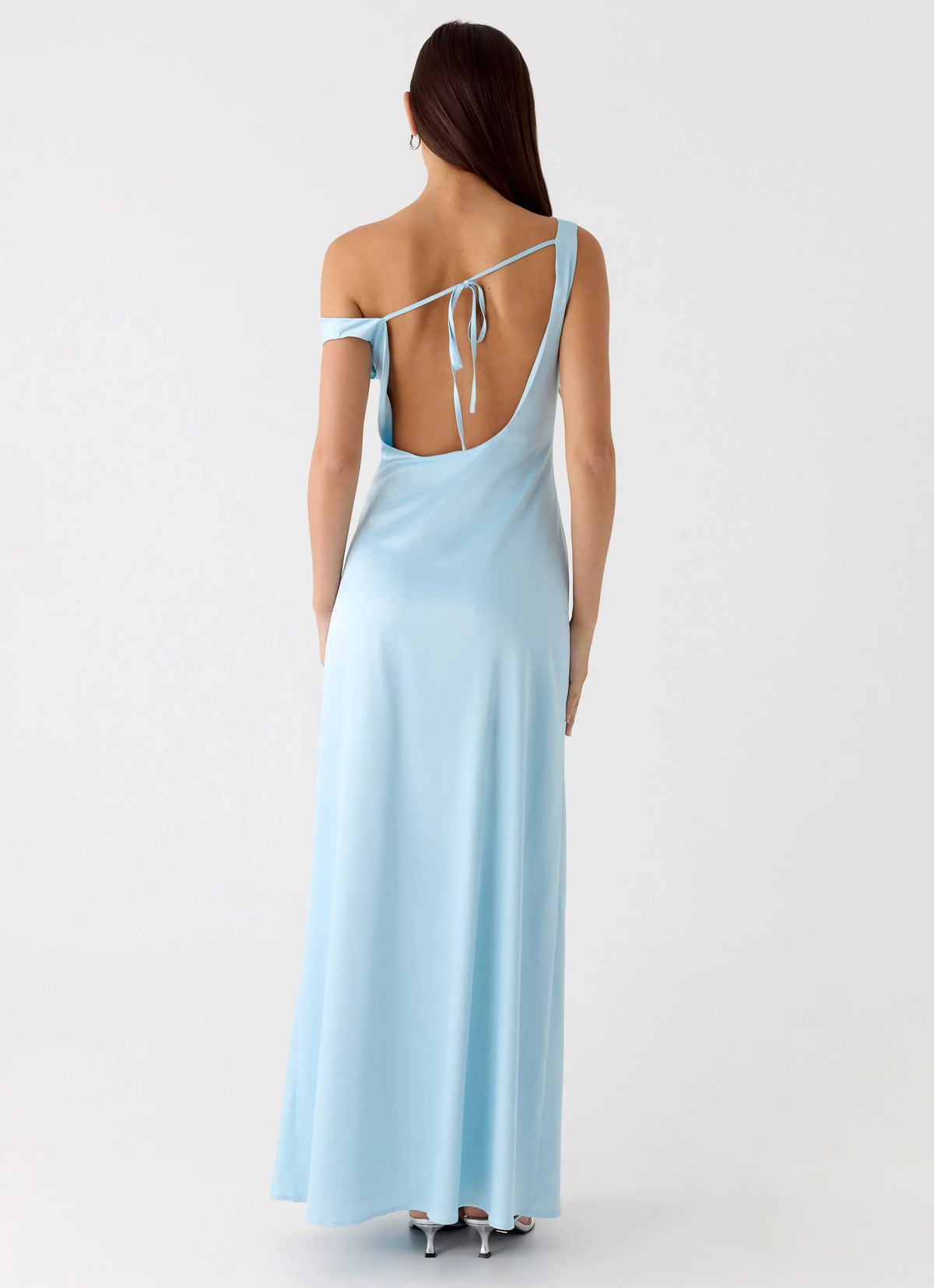 Sky Blue Satin One Shoulder Floor-Length Bridesmaid Dress with Draped Neckline