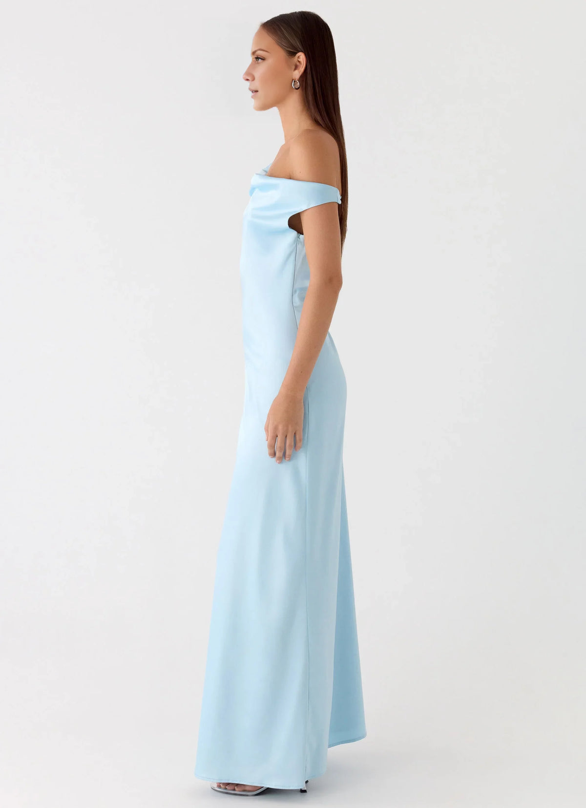 Sky Blue Satin One Shoulder Floor-Length Bridesmaid Dress with Draped Neckline