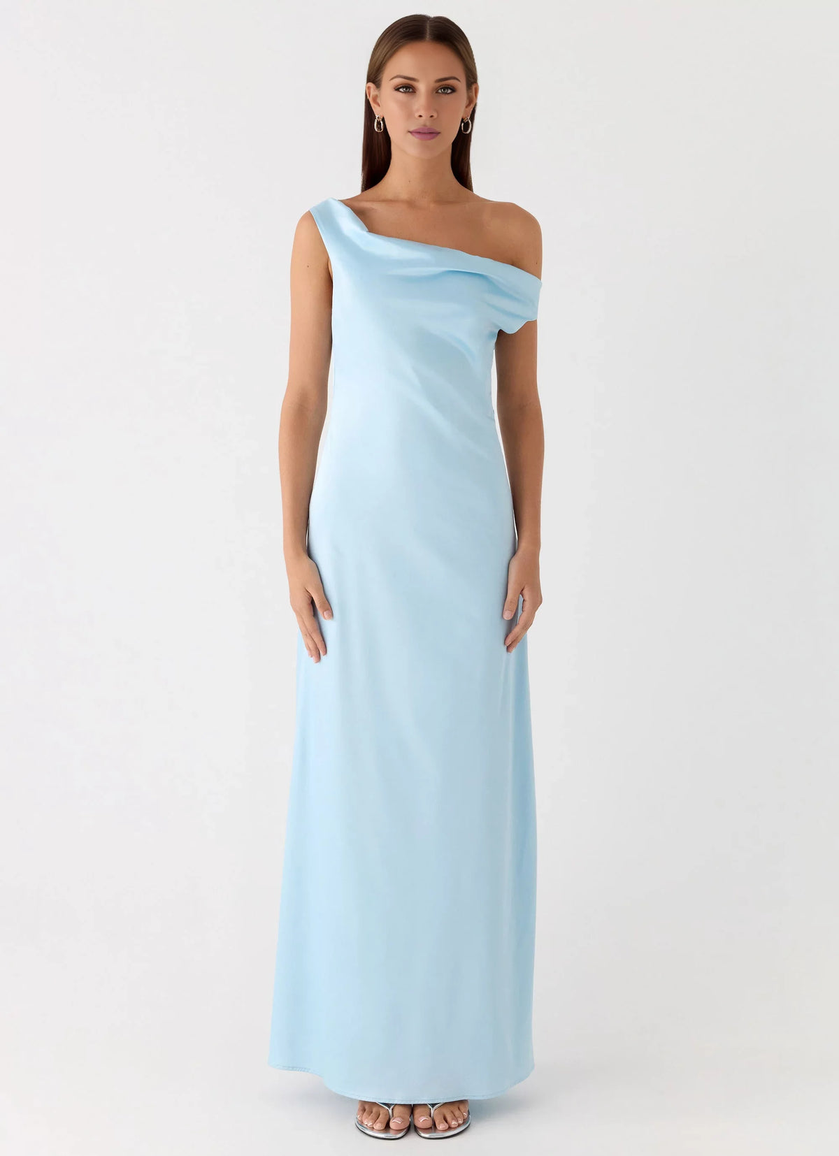 Sky Blue Satin One Shoulder Floor-Length Bridesmaid Dress with Draped Neckline