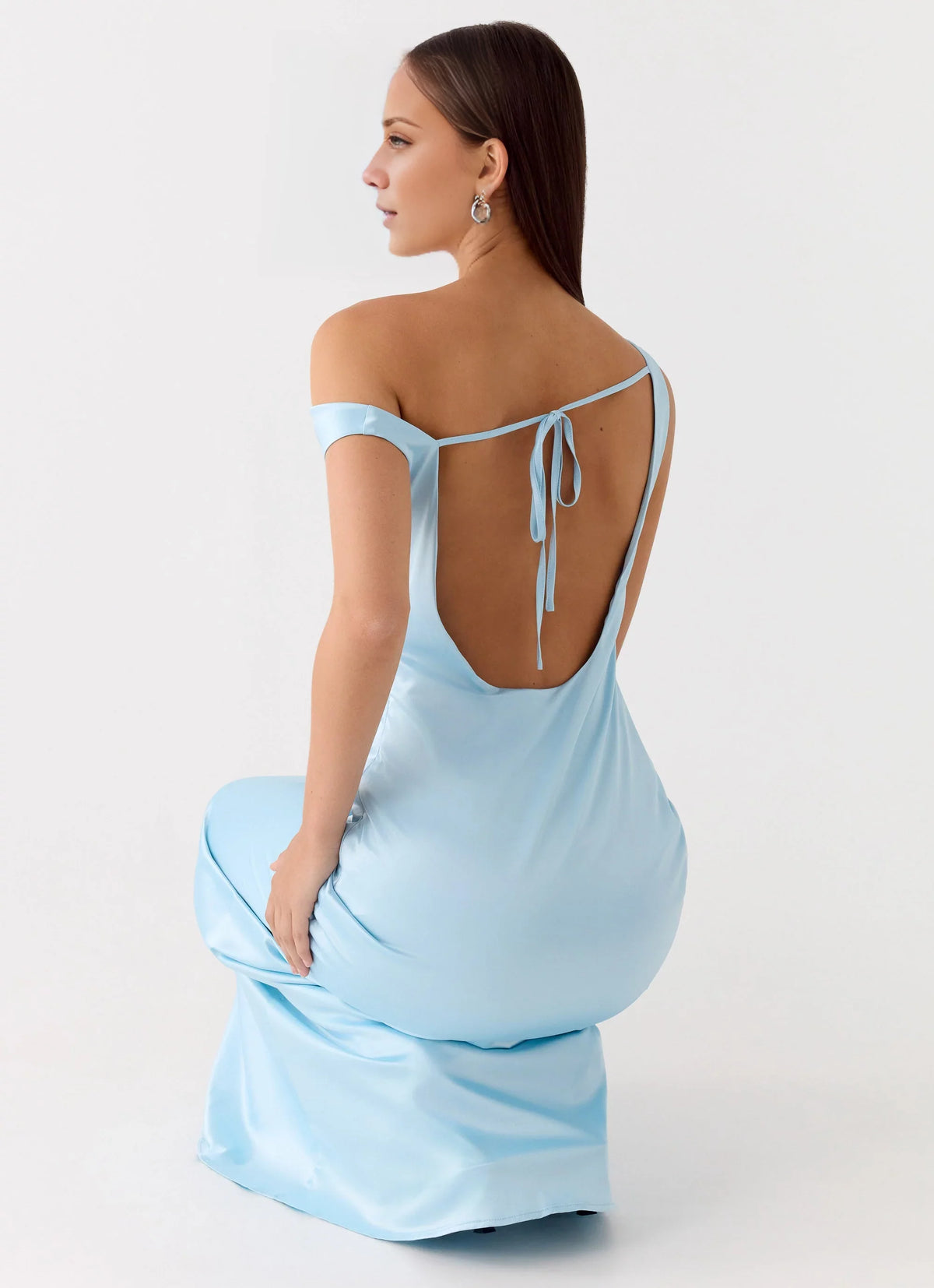 Sky Blue Satin One Shoulder Floor-Length Bridesmaid Dress with Draped Neckline