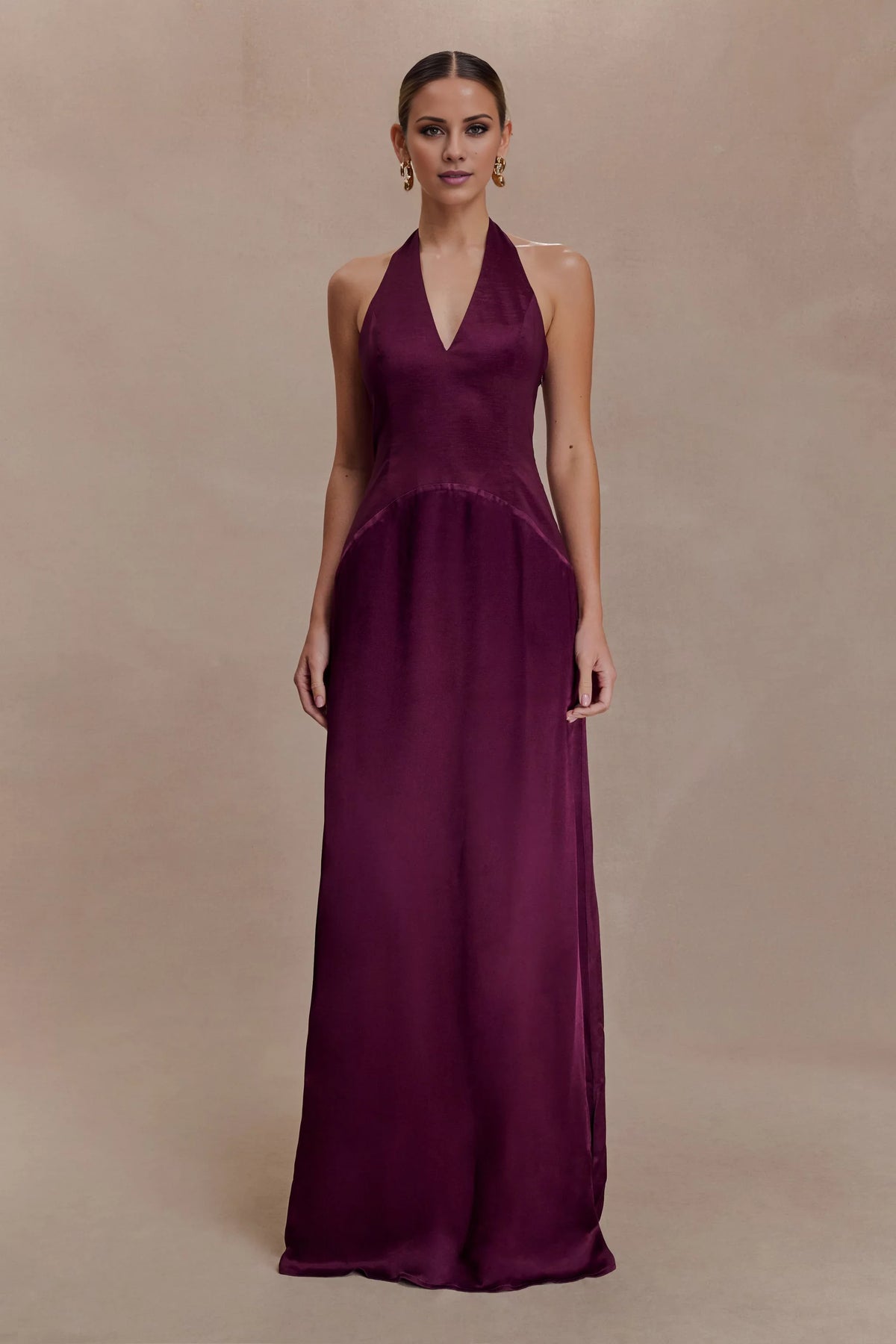 Mulberry Satin A-Line Halter Neck Floor-Length Bridesmaid Dress