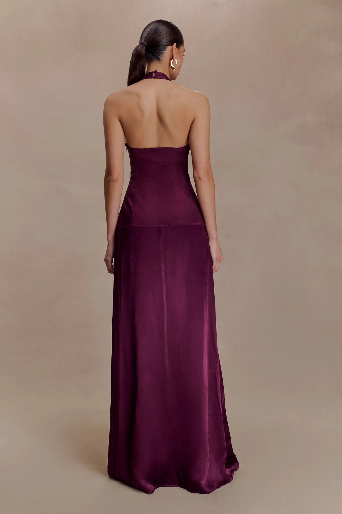 Mulberry Satin A-Line Halter Neck Floor-Length Bridesmaid Dress