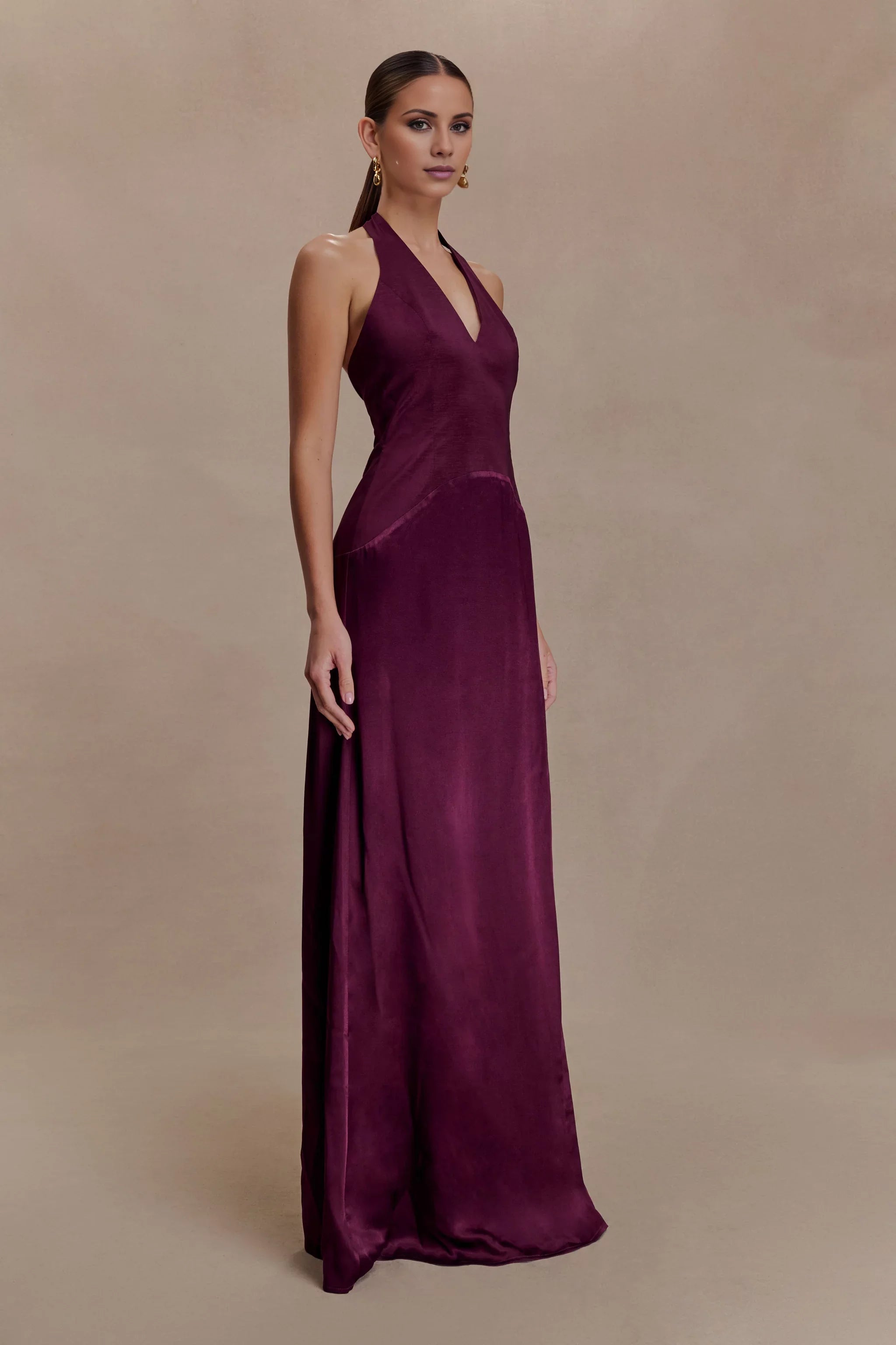 Whimsical Satin Halter-Neck Sleeveless Open-Back Flowy Floor-Length Evening Dress