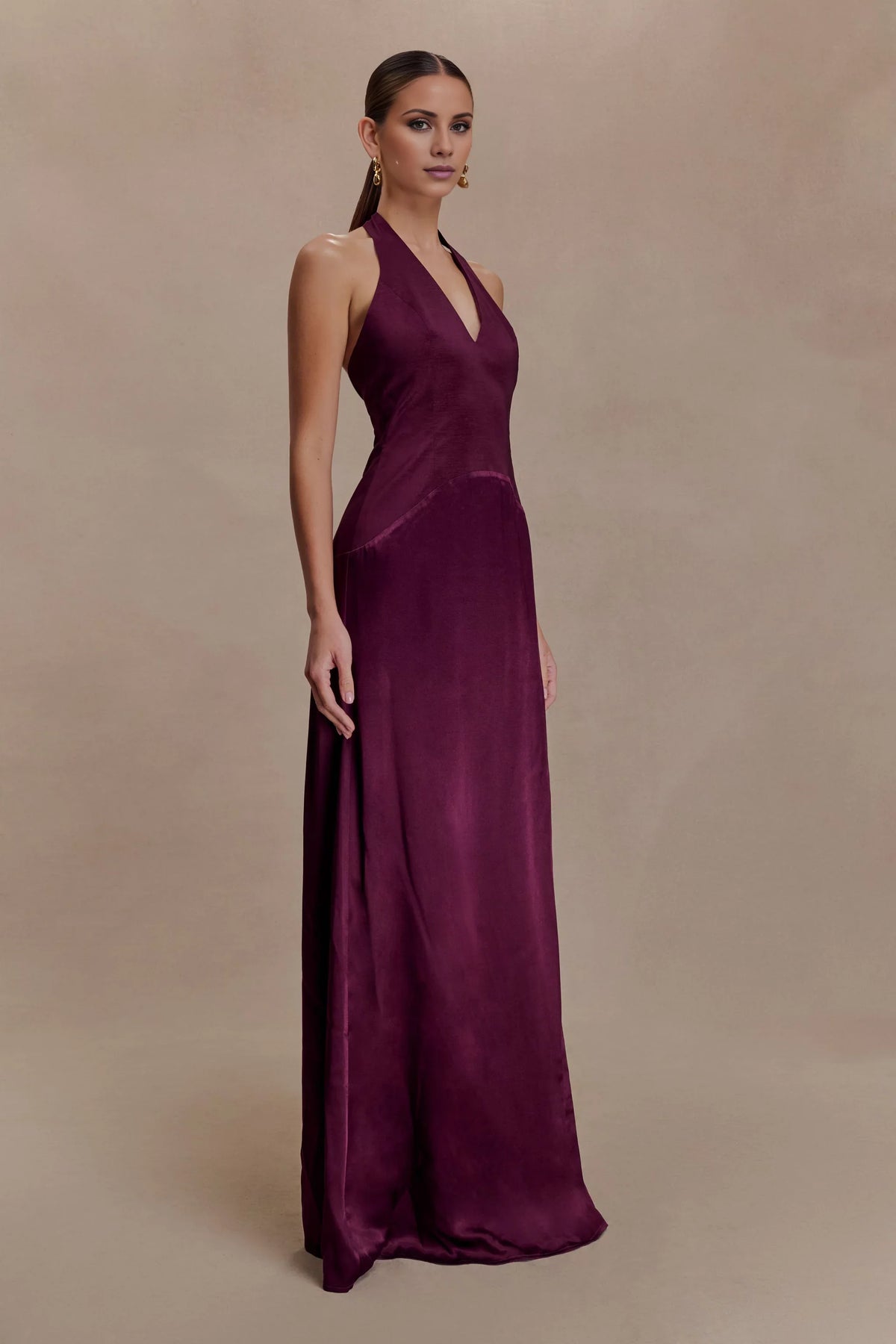 Mulberry Satin A-Line Halter Neck Floor-Length Bridesmaid Dress