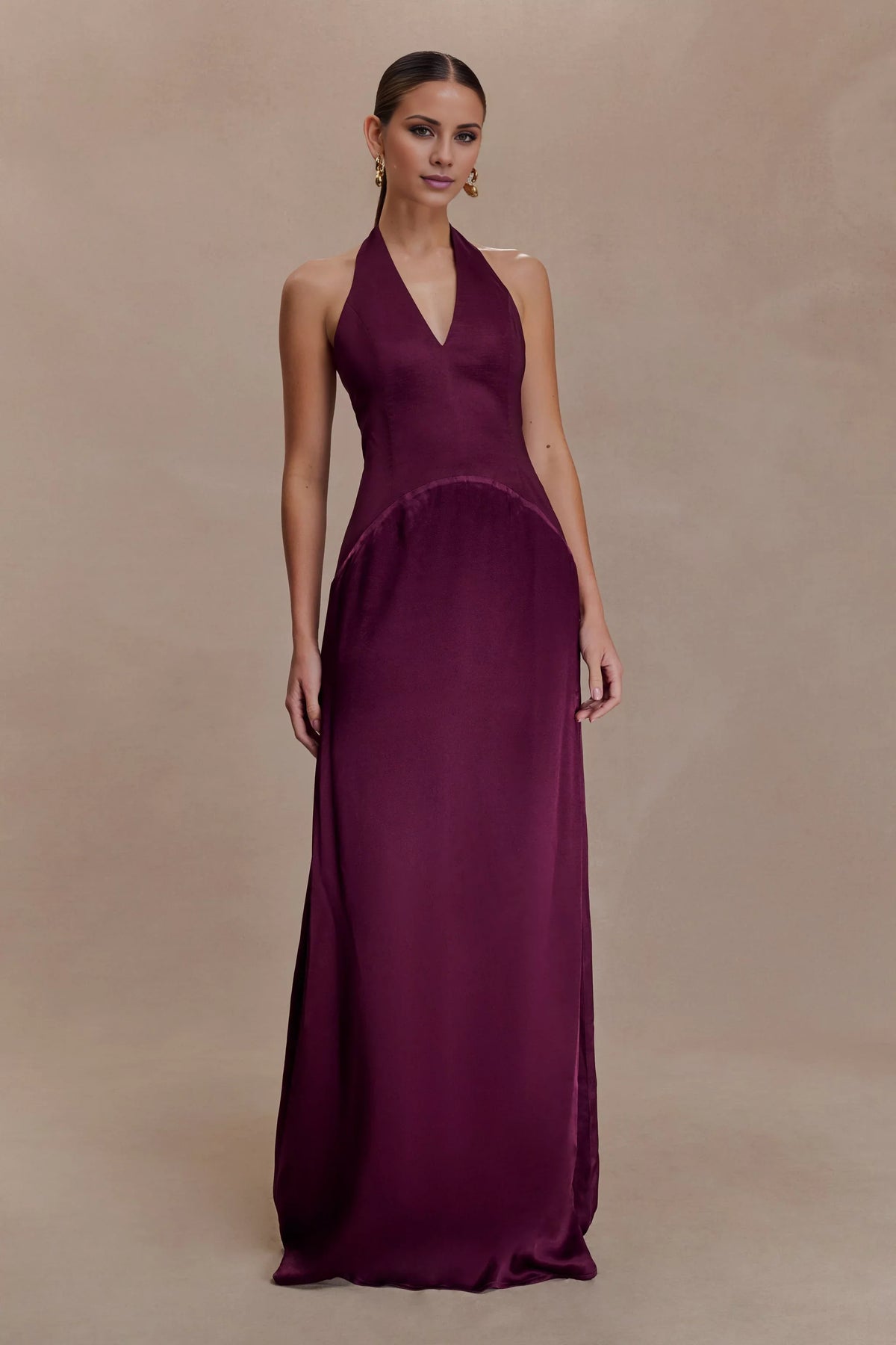 Mulberry Satin A-Line Halter Neck Floor-Length Bridesmaid Dress