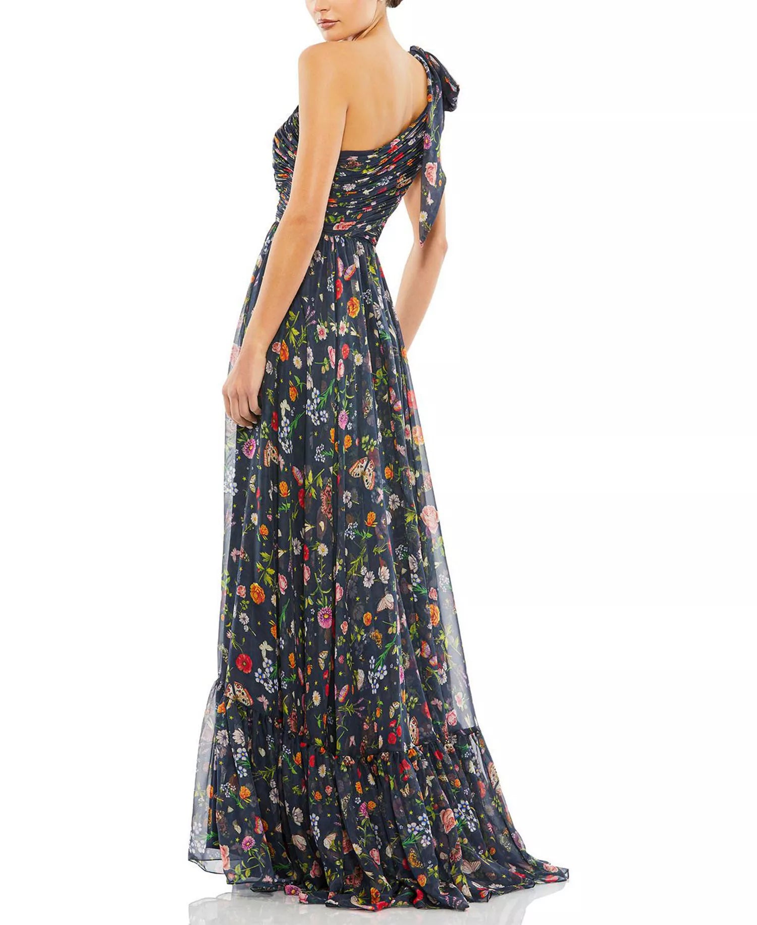Whimsical Voluminous A-Line One-Shoulder Floral Butterfly Print Cut Out Slit Maxi Prom Dress