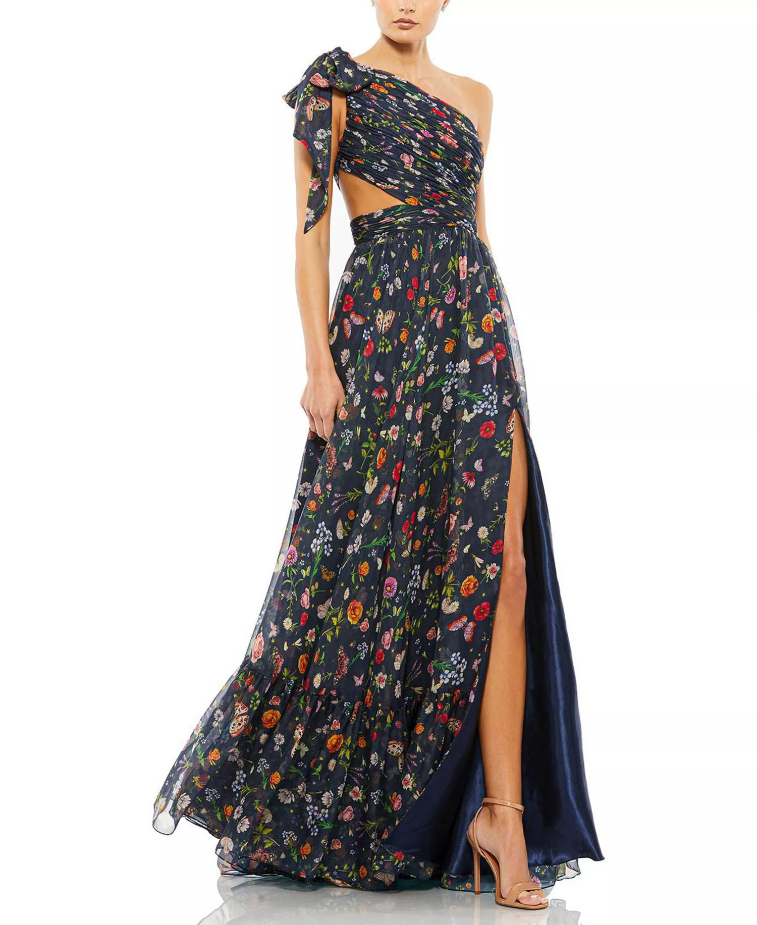 Whimsical Voluminous A-Line One-Shoulder Floral Butterfly Print Cut Out Slit Maxi Prom Dress
