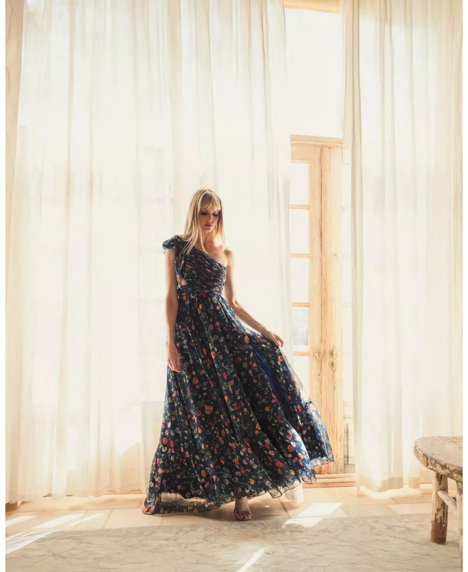 Whimsical Voluminous A-Line One-Shoulder Floral Butterfly Print Cut Out Slit Maxi Prom Dress