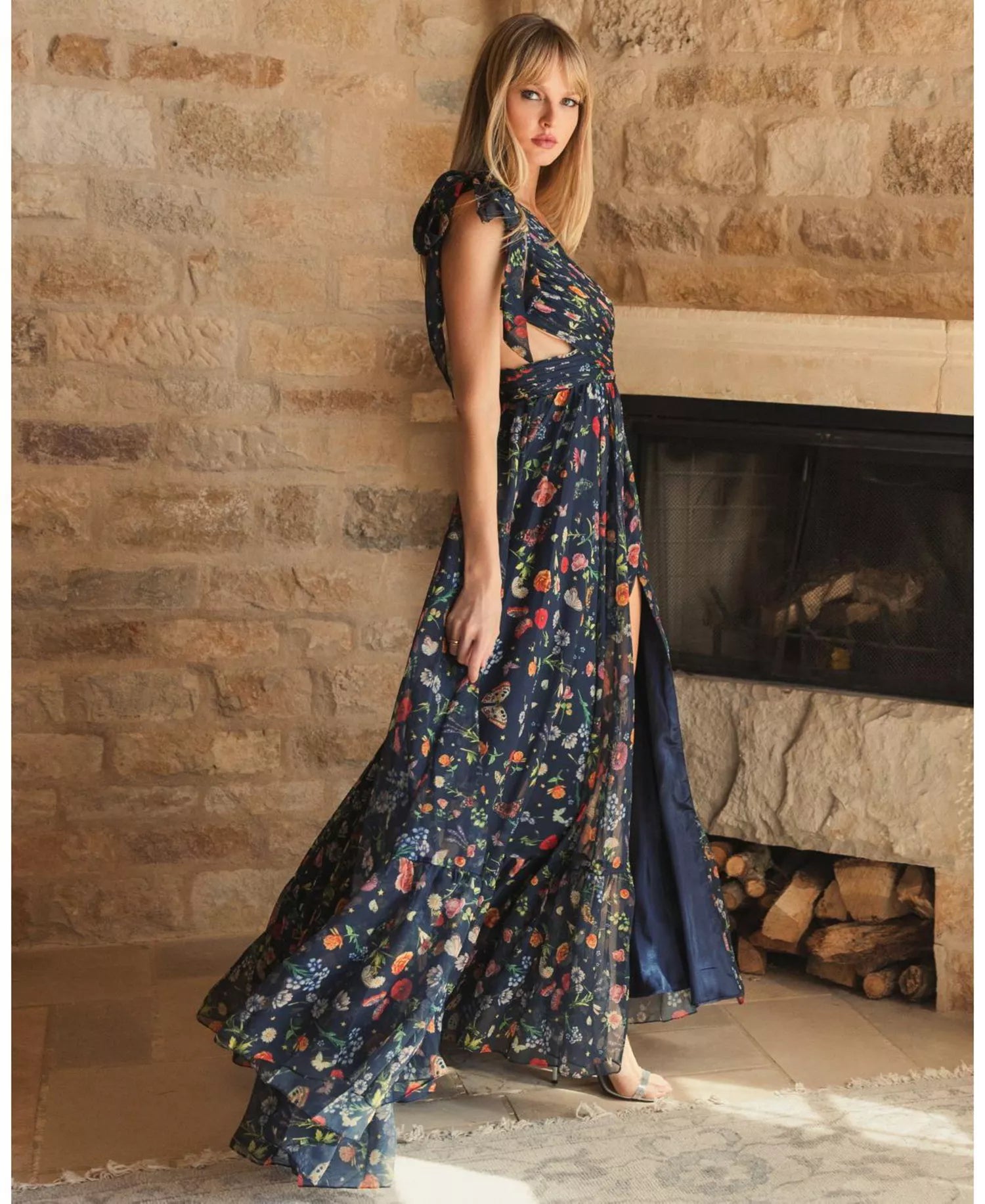 Whimsical Voluminous A-Line One-Shoulder Floral Butterfly Print Cut Out Slit Maxi Prom Dress