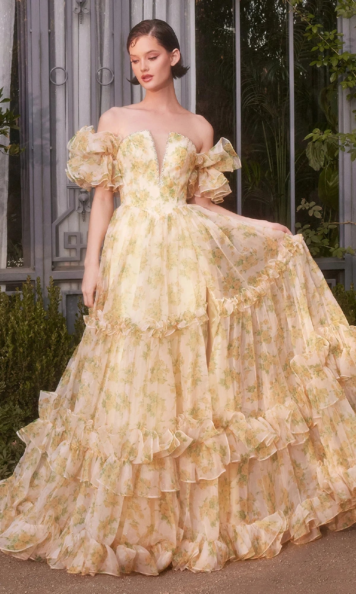 Whimsical Yellow Floral Print Tulle A-Line Off-the-Shoulder Ruffled Maxi Prom Dresses