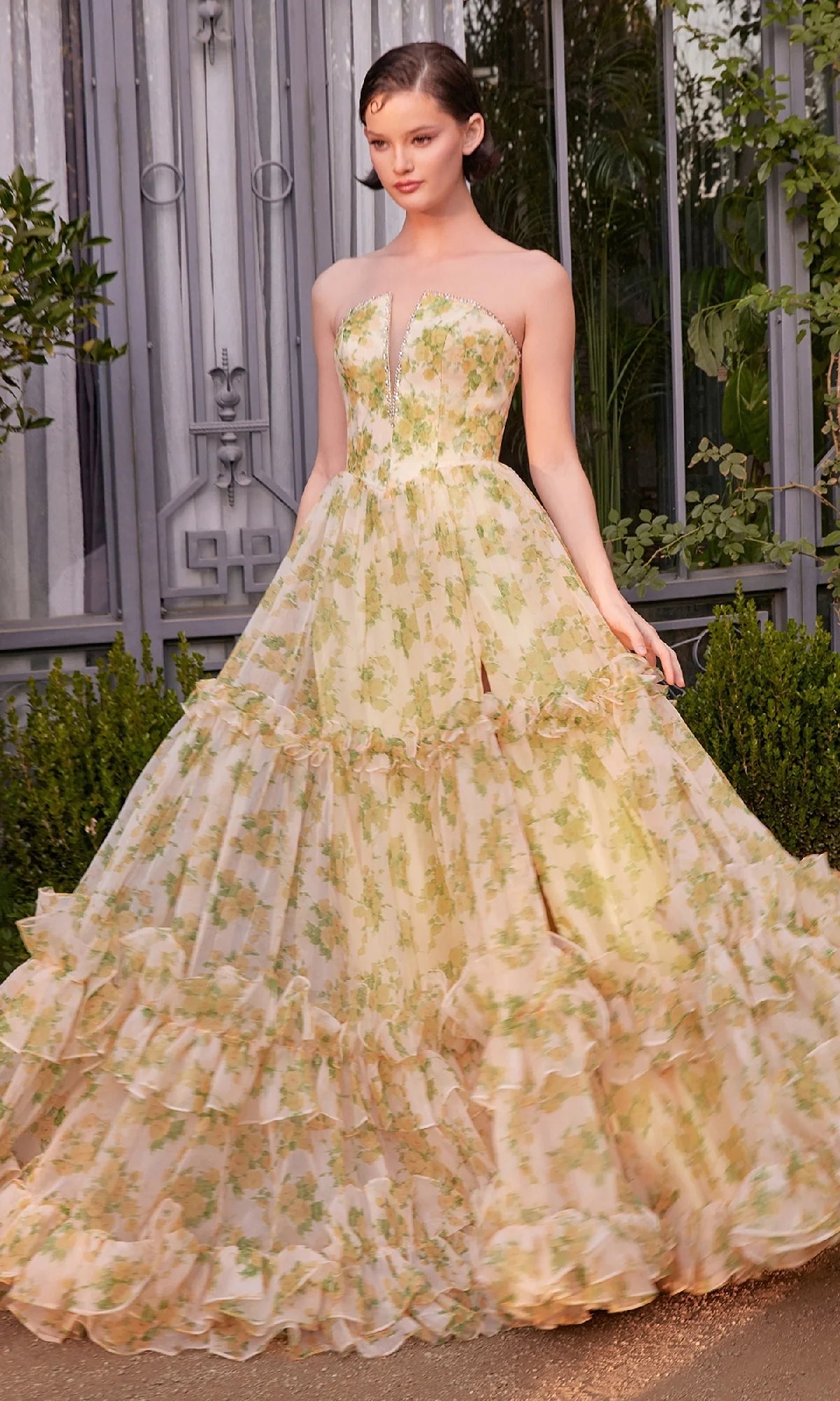 Whimsical Yellow Floral Print Tulle A-Line Off-the-Shoulder Ruffled Maxi Prom Dresses