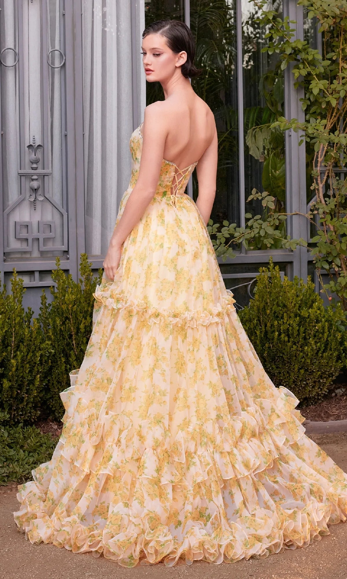 Whimsical Yellow Floral Print Tulle A-Line Off-the-Shoulder Ruffled Maxi Prom Dresses