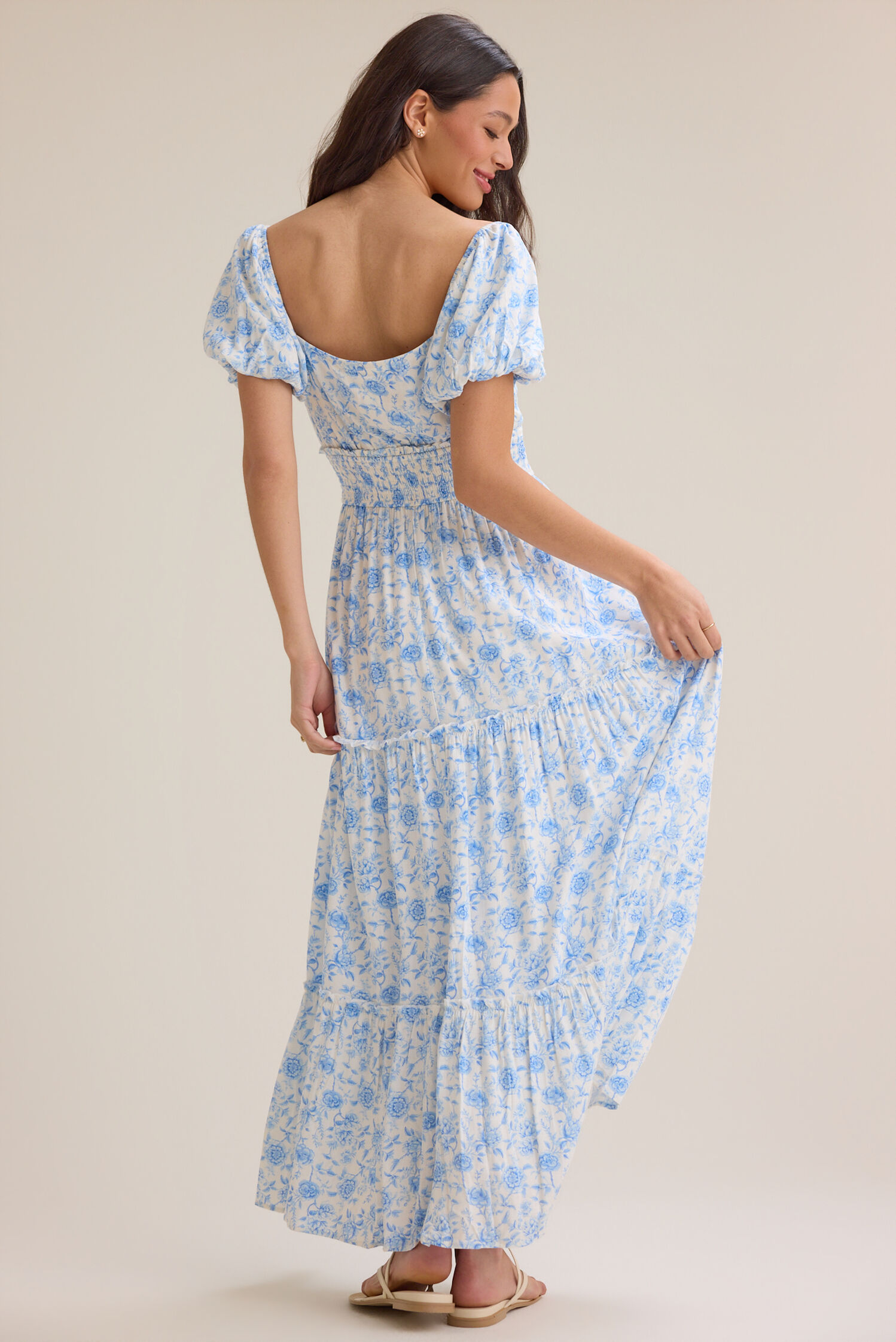 Whimsical Floral Print Puff-Sleeve Sweetheart Keyhole Tiered Maxi Prom Dresses