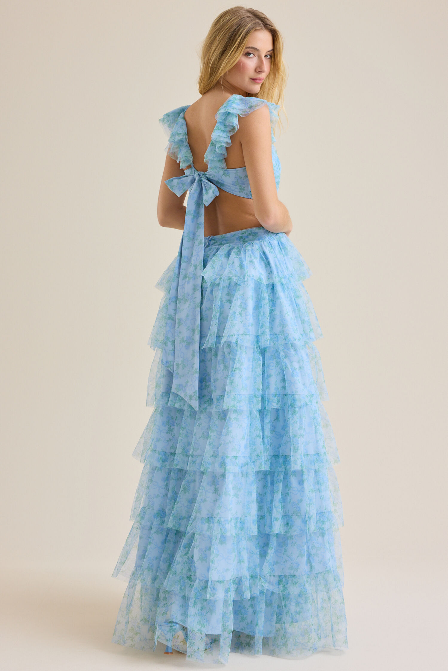 Whimsical Floral Tulle Tiered Ruffle Back-Bow Cutout Prom Dresses